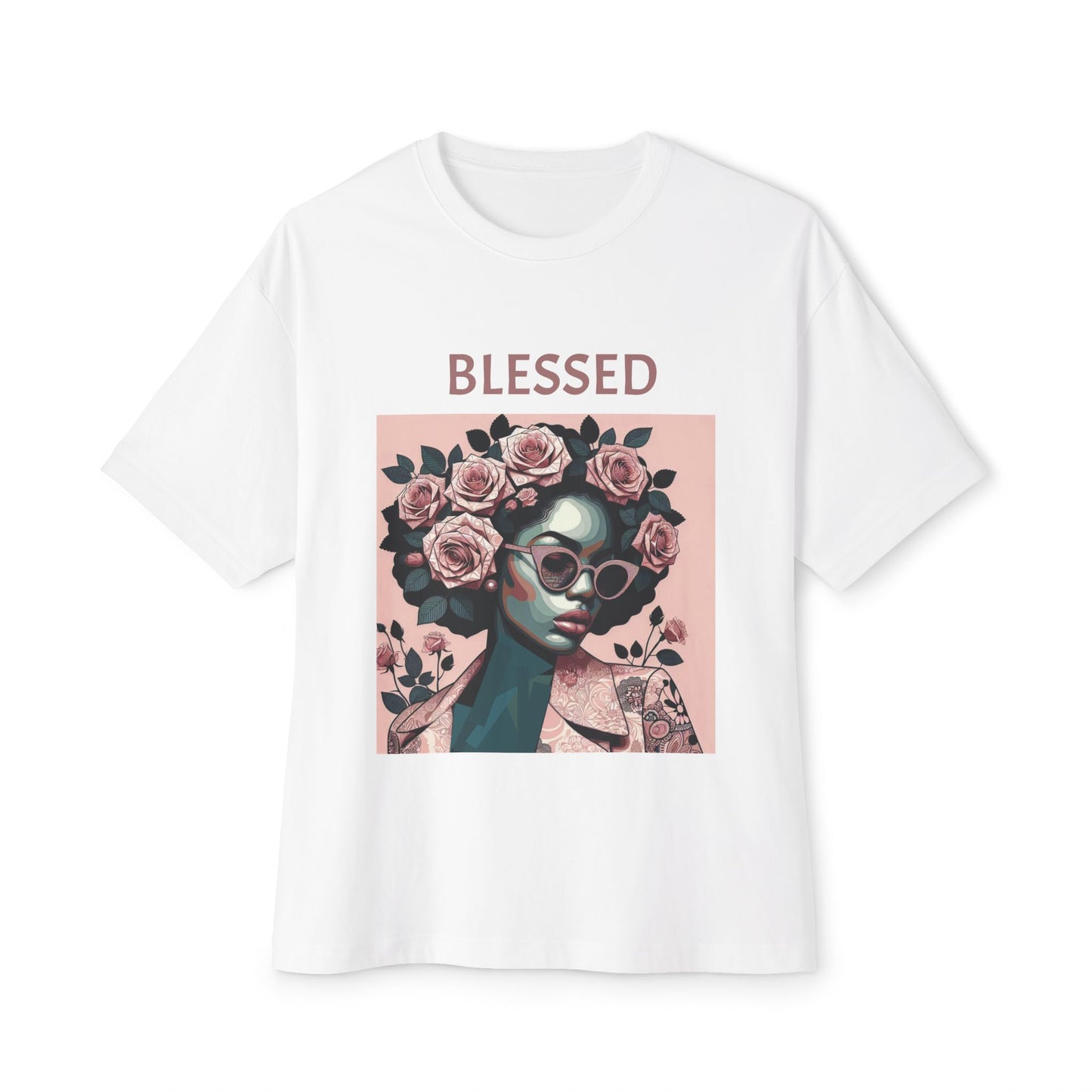 Unisex Oversized Boxy Tee - Blessed Floral Graphic Tee, Comfortable T-Shirt for Girls Night Out, Casual Summer Top, Gift for Her - Mauve Lettering