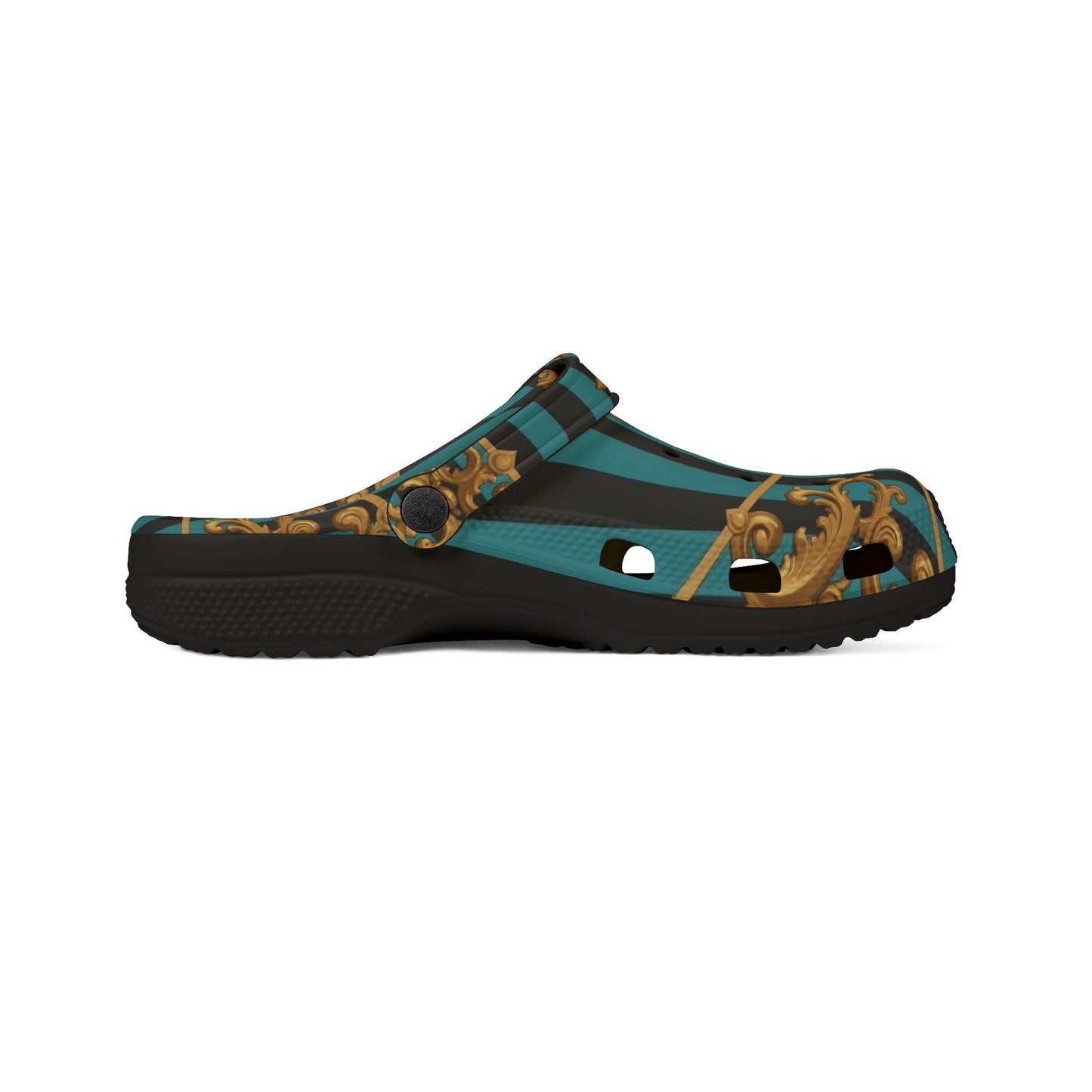 Stylish Turquoise & Black Striped Gold Baroque EVA Foam Rubber Shoes with Elegant Gold Pattern, Casual Footwear