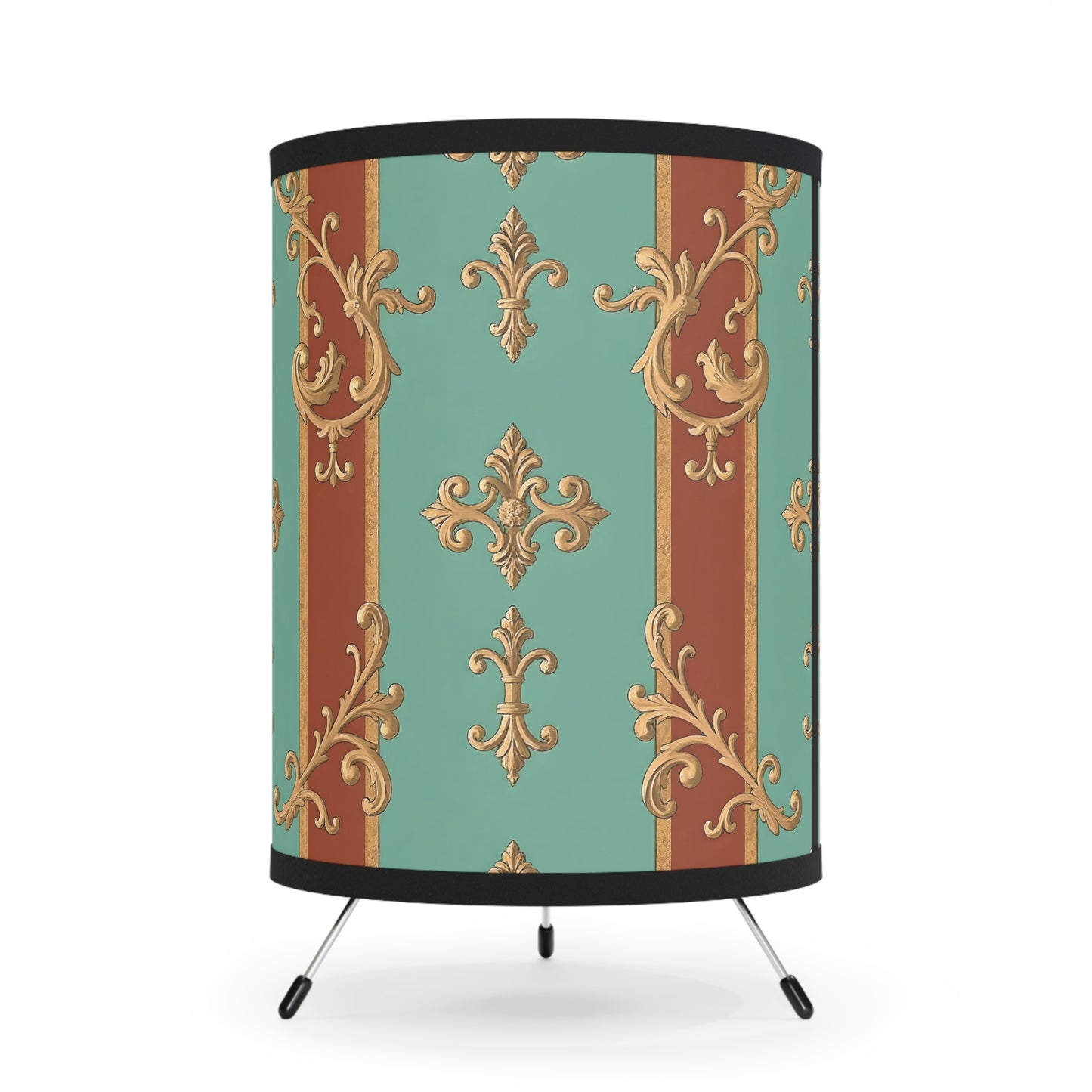 Elegant Tripod Lamp with High-Res Ornate Shade for Home Decor - Rust & Mint Aqua Striped Baroque