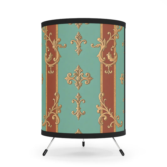 Elegant Tripod Lamp with High-Res Ornate Shade for Home Decor - Rust & Mint Aqua Striped Baroque