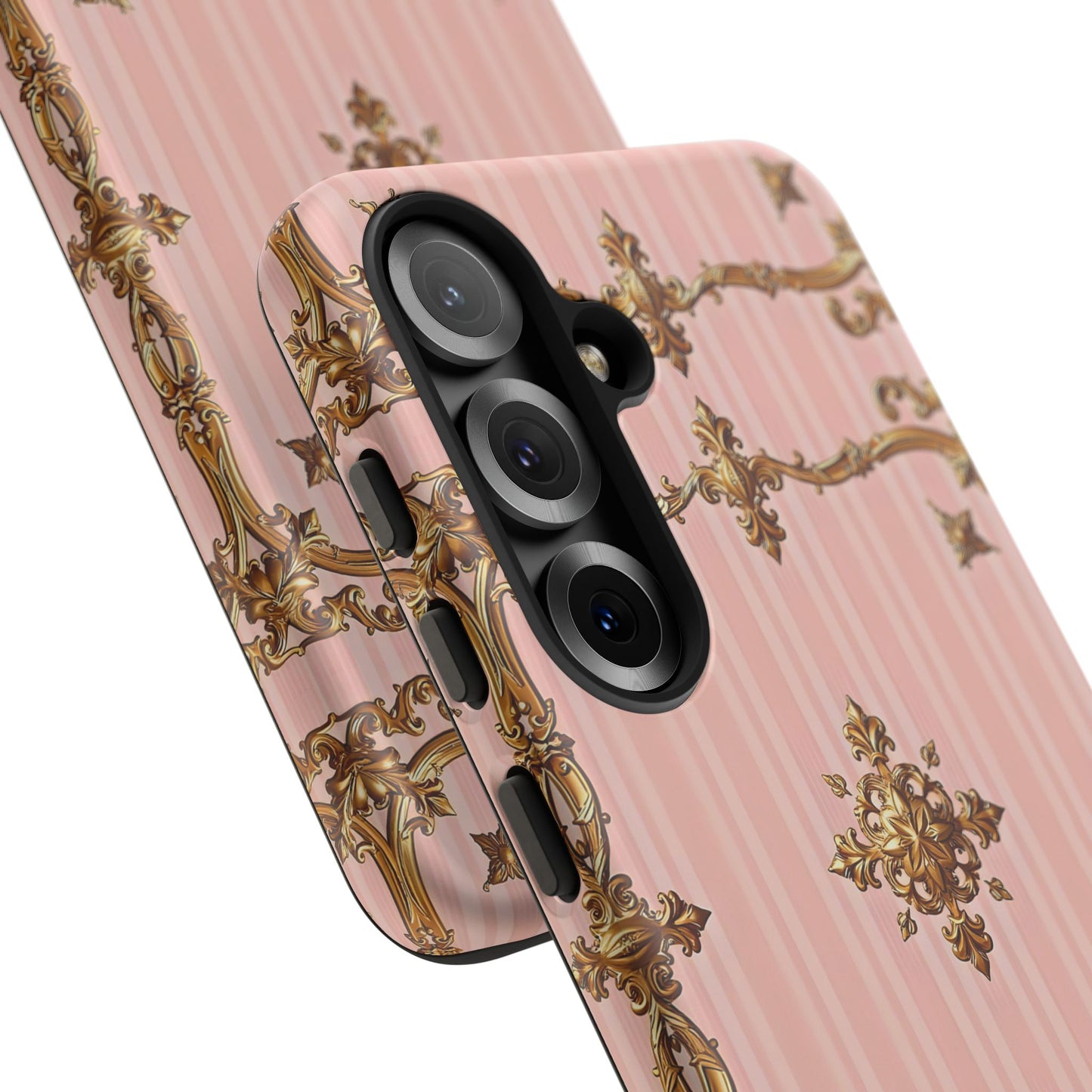 Elegant Floral Phone Case, Tough Cases for Women, Trendy Phone Cover, Chic Gift - Pink Striped Gold Baroque