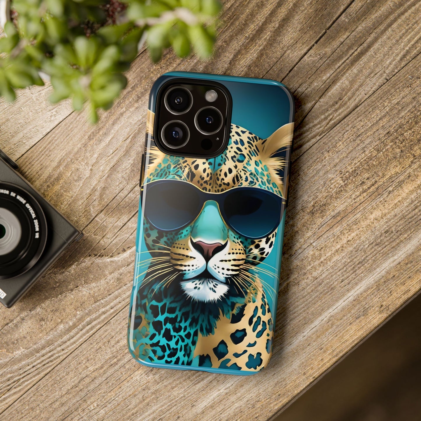 Phone Case - Aqua & Gold Leopard In Sunglasses Design