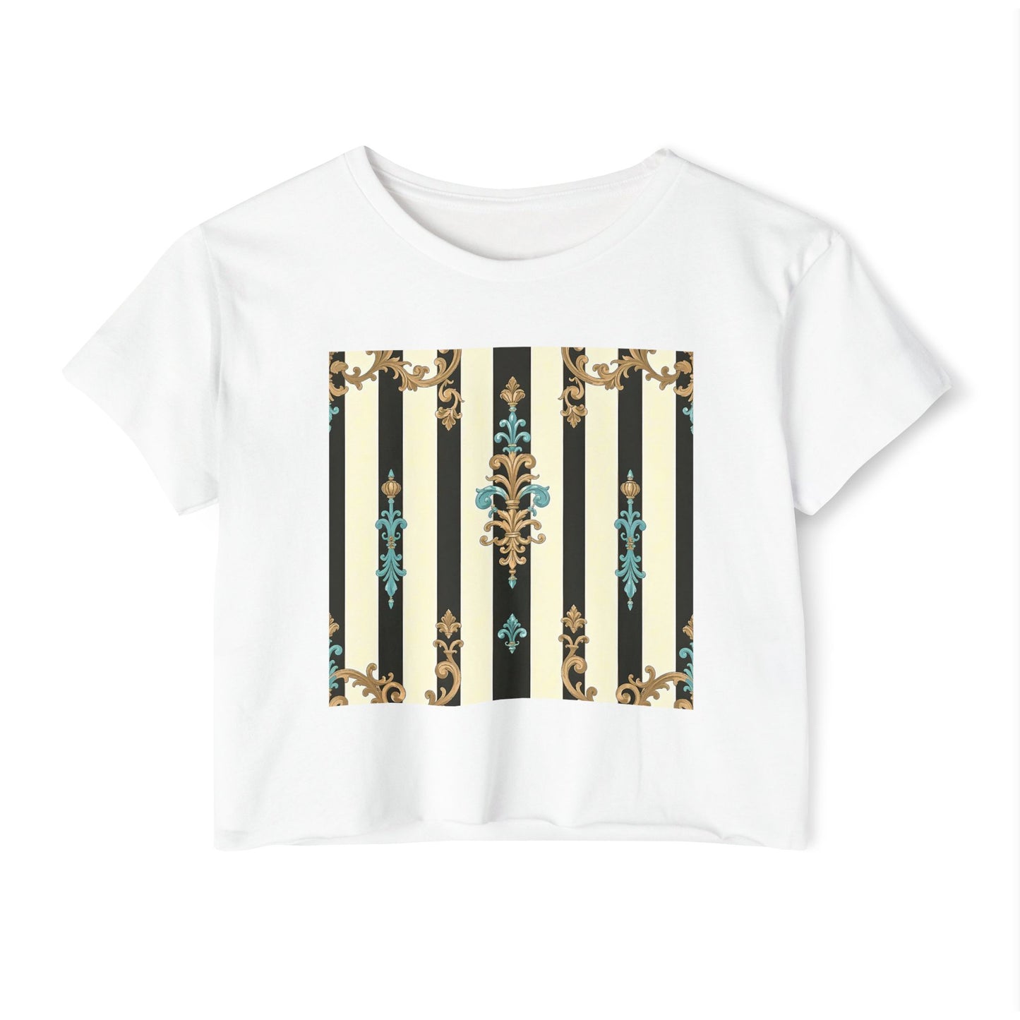 Bohemian Festival Crop Top, Stylish Summer Tee, Casual Day Out Shirt, Trendy Women’s Apparel - Black Striped Turquoise & Black Rococo
