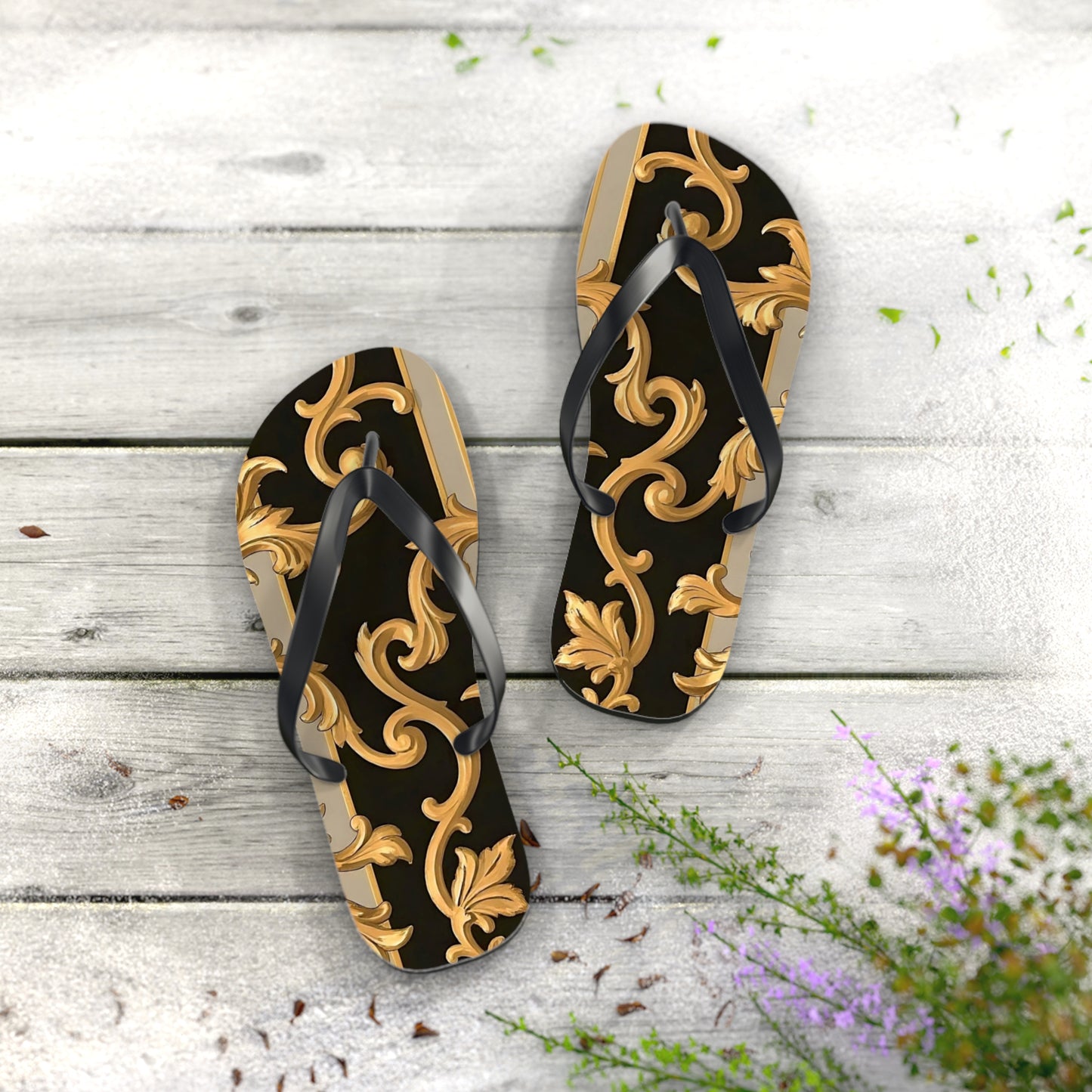 Stylish Flip Flops with Elegant Gold Design, Beachwear, Summer Sandals, Vacation Footwear, Poolside Essentials - Blue & Black Striped Rococo