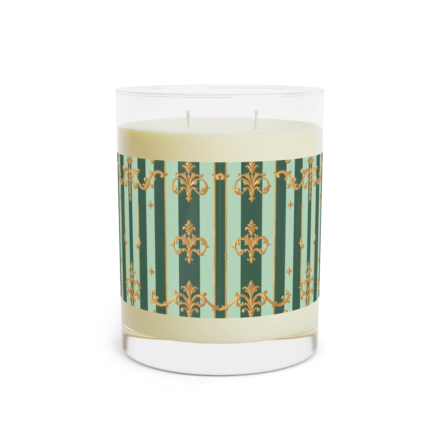 Elegant Floral Scented Candle | 11oz Full Glass | Home Decor | Aromatherapy | Gift for Her, Weddings - Mint Green & Teal Striped Gold Baroque