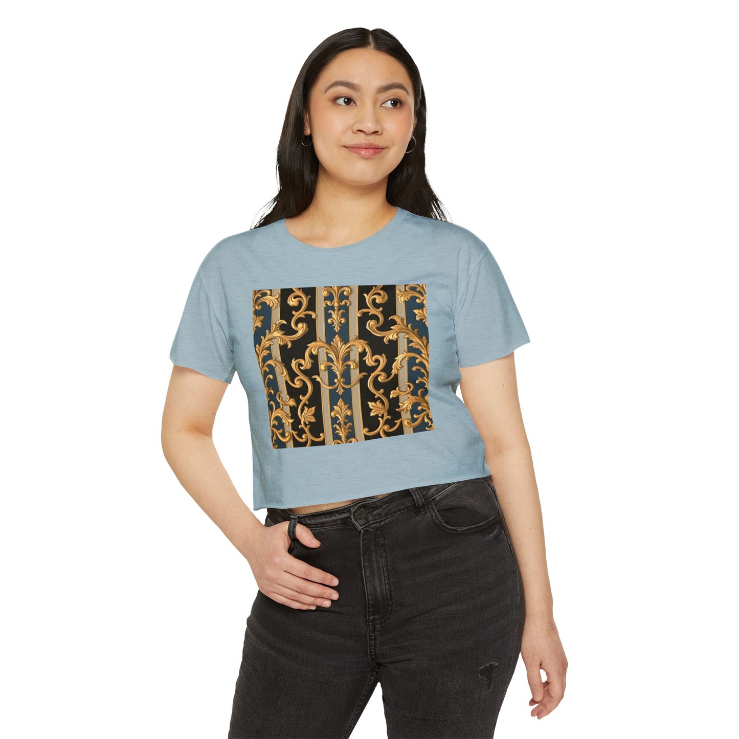 Women’s Festival Crop Top with Stylish Floral Pattern - Summer Outfit, Boho Chic, Concert Wear - Blue & Black Striped Rococo
