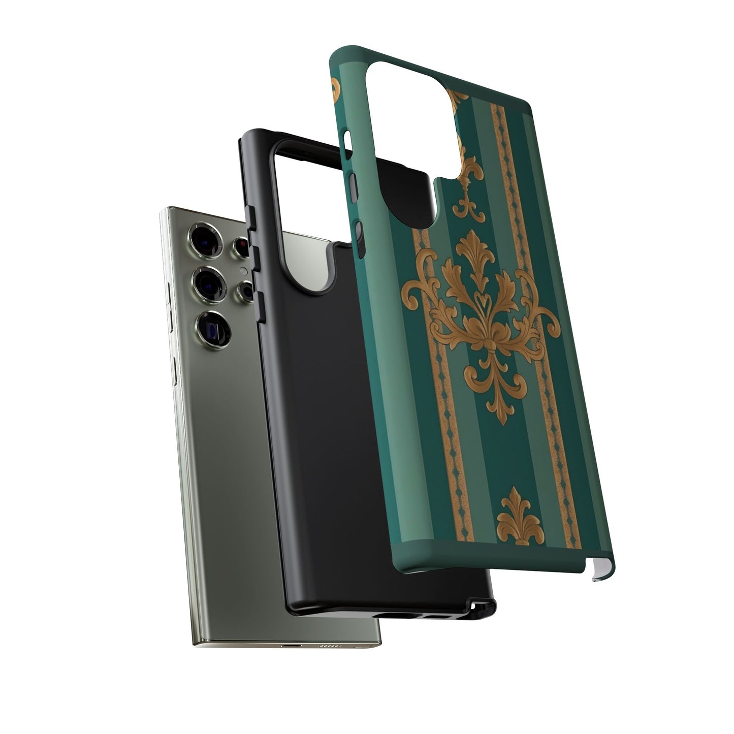 Elegant Floral Motif Phone Case - Tough Cases with Vintage Design - Teal Striped Gold Damask