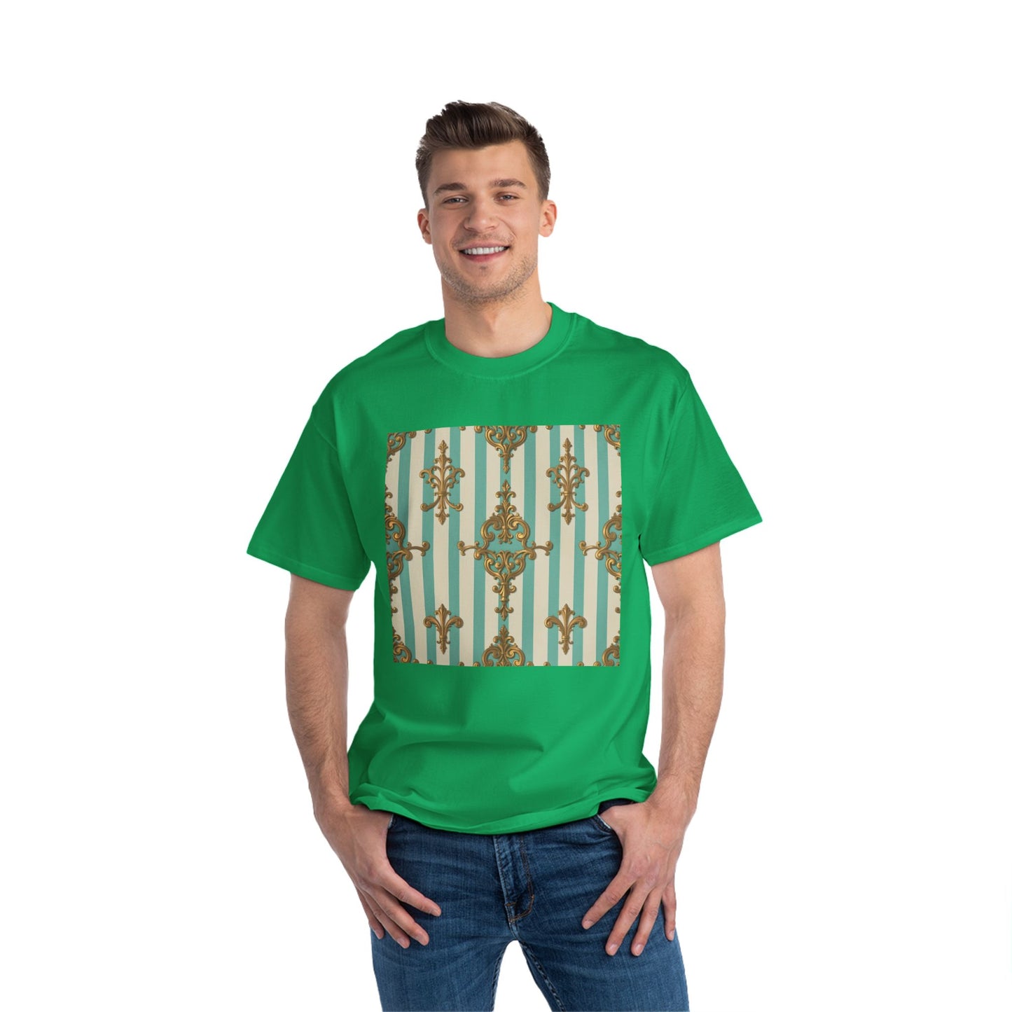 Elegant Patterned Short-Sleeve T-Shirt, Fashion Tee, Casual Wear, Gift for Her, Summer Style, Unique Design - Matte Green Striped Rococo