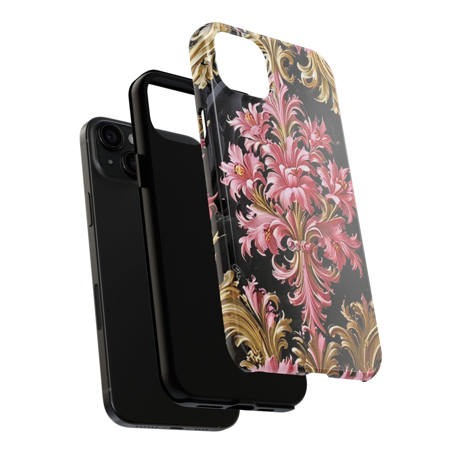 Elegant Floral Tough Phone Cases | Stylish Protection for Her | Gift for Birthdays - Black & Pink Oil Painting Style Rococo