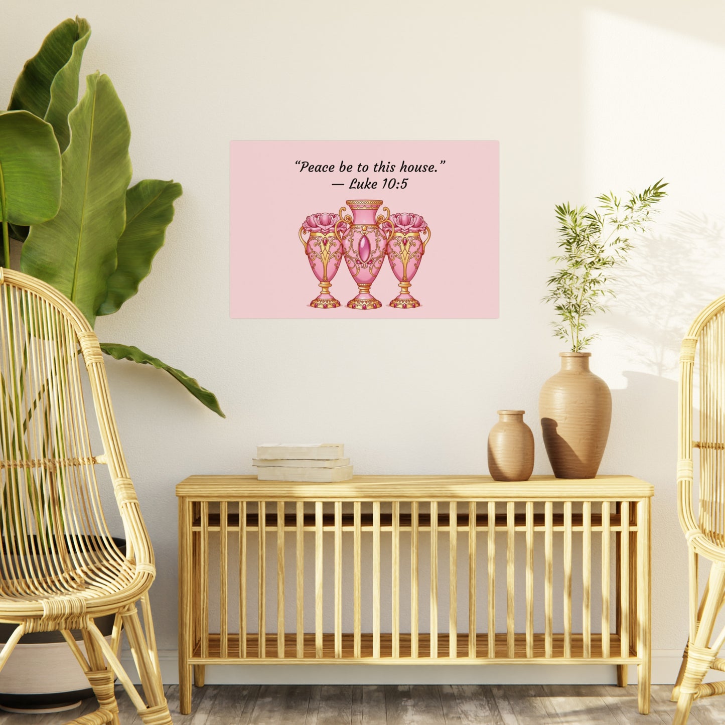 Elegant Pink Vase Wall Art Print, Home Decor, Inspirational Quote Art, Gift Idea for Housewarming, Religious Decor, Luke 10:5