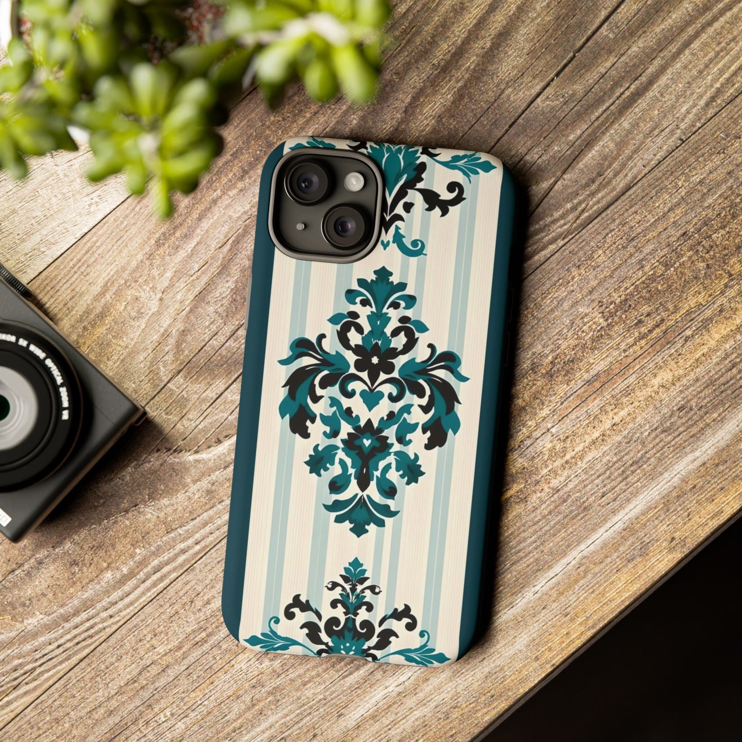 Elegant Floral Phone Case - Tough Cases with Vintage Design - Teal Striped Damask