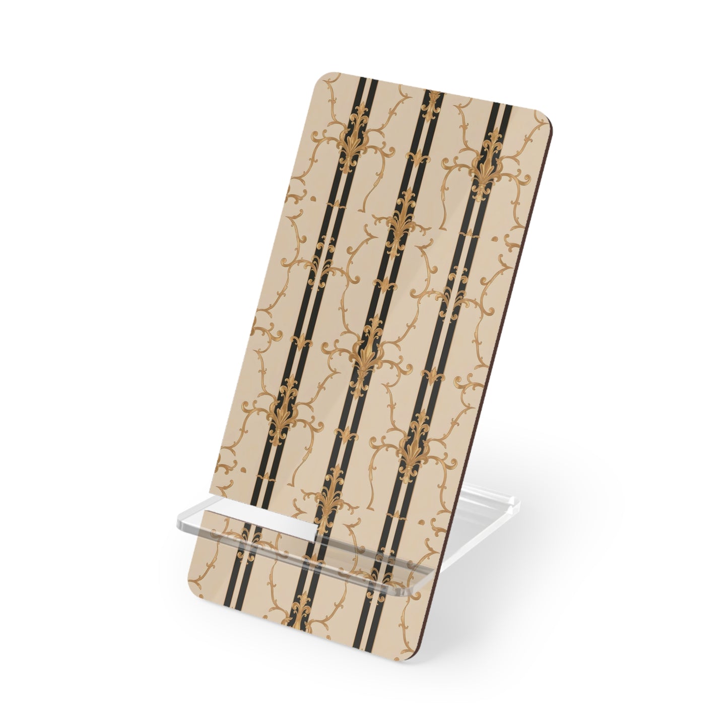 Stylish Smartphone Display Stand, Phone Holder, Mobile Stand, Elegant Desk Accessory, Gift for Tech Lovers - Black & Beige Striped Damask