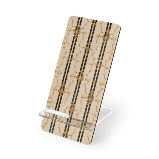 Stylish Smartphone Display Stand, Phone Holder, Mobile Stand, Elegant Desk Accessory, Gift for Tech Lovers - Black & Beige Striped Damask