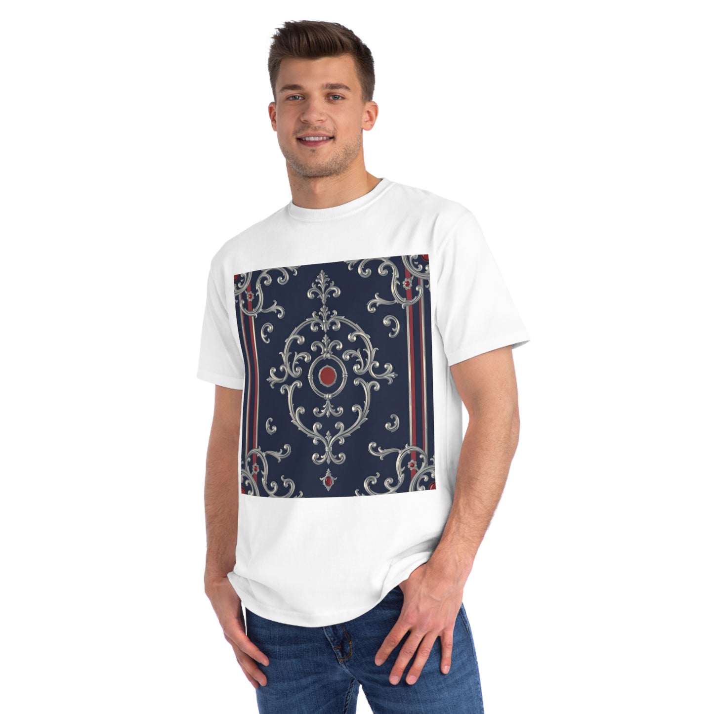 Vintage Pattern Organic Unisex T-Shirt | Baroque Style Tee, Casual Wear, Unique Gift, Eco-Friendly Fashion - Blue & Red Striped Silver Baroque