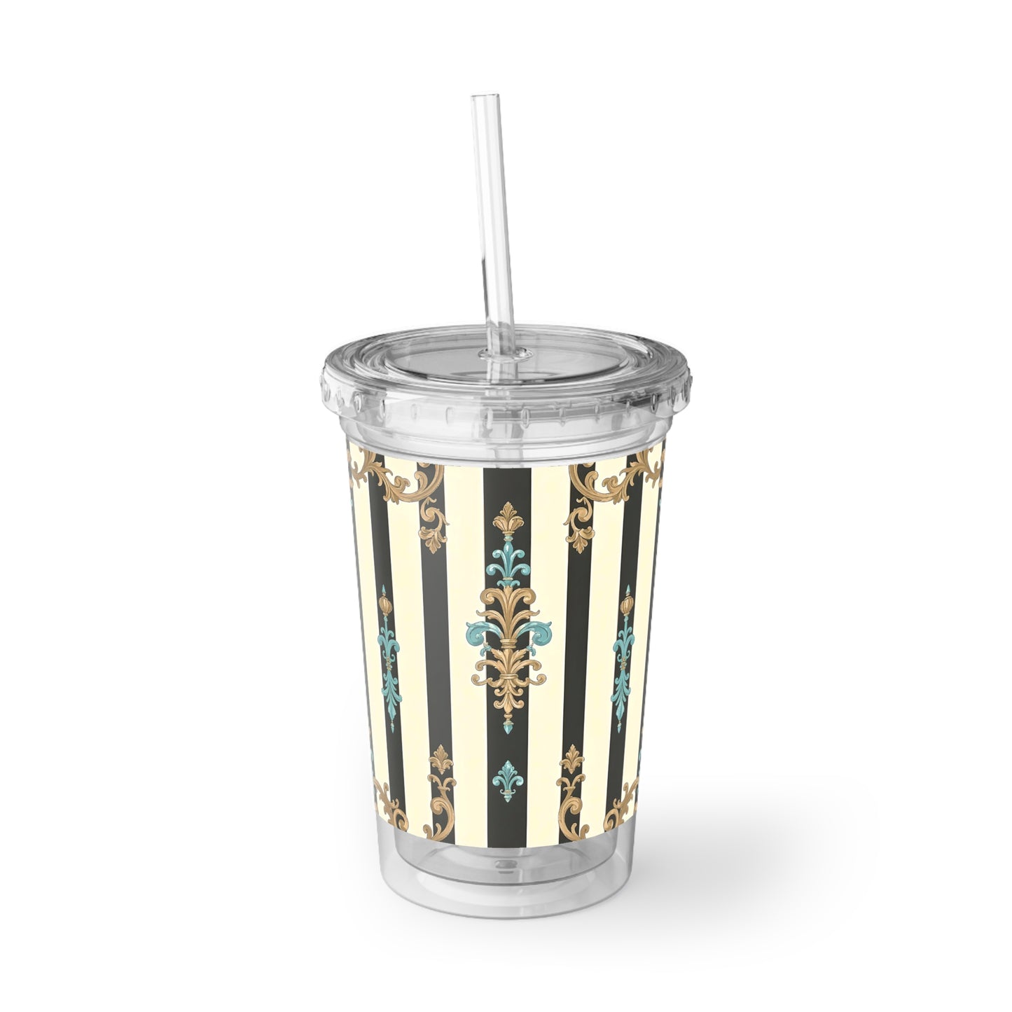 Elegant Insulated Acrylic Cup with Stripes, Stylish Travel Mug, Decorative Drink Container - Black Striped Turquoise & Black Rococo
