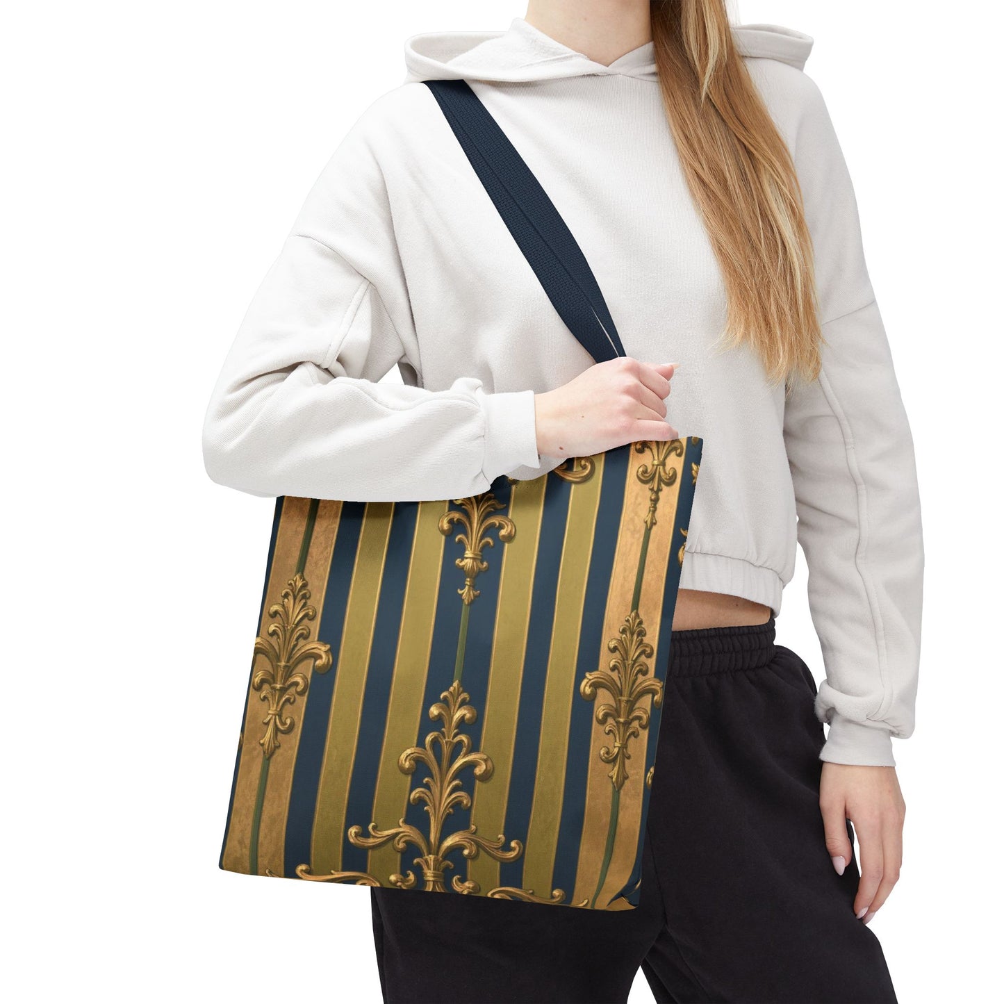 Elegant Midnight Blue & Olive Striped Gold Baroque Golden Striped Tote Bag, Stylish Shopping Bag, Trendy Handbag, Chic Gift for Her