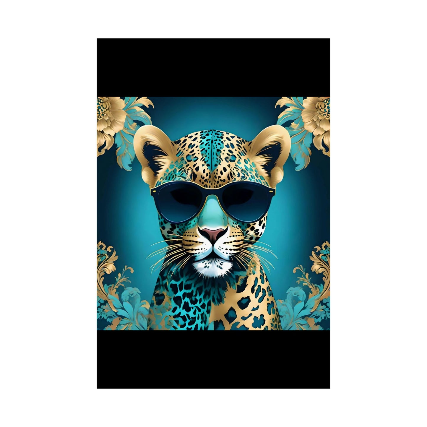 Vertical Wall Poster - Floral Motif Art - Aqua & Gold Leopard in Sunglasses