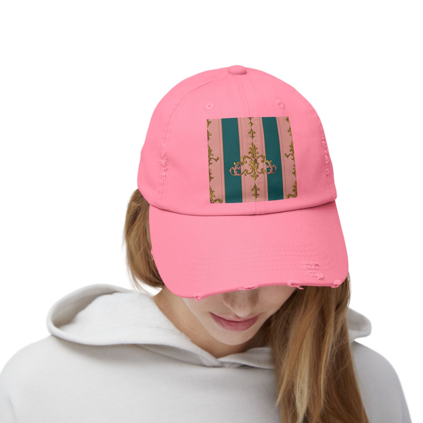 Chic Vintage Distressed Cap, Trendy Unisex Baseball Hat, Fashionable Everyday Wear - Pink & Teal Striped Gold Baroque