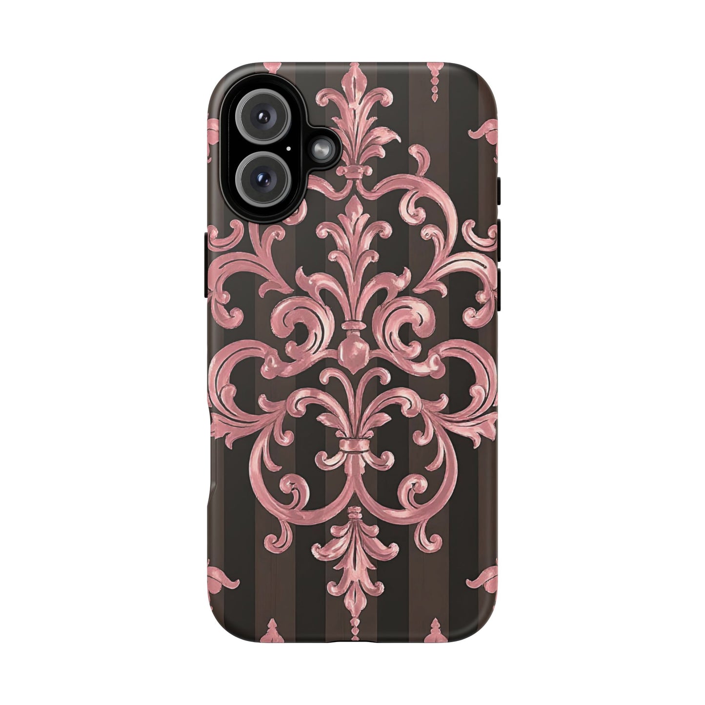 Elegant Floral Motif Phone Case - Tough Cases with Vintage Design - Brown Striped Mauve Damask