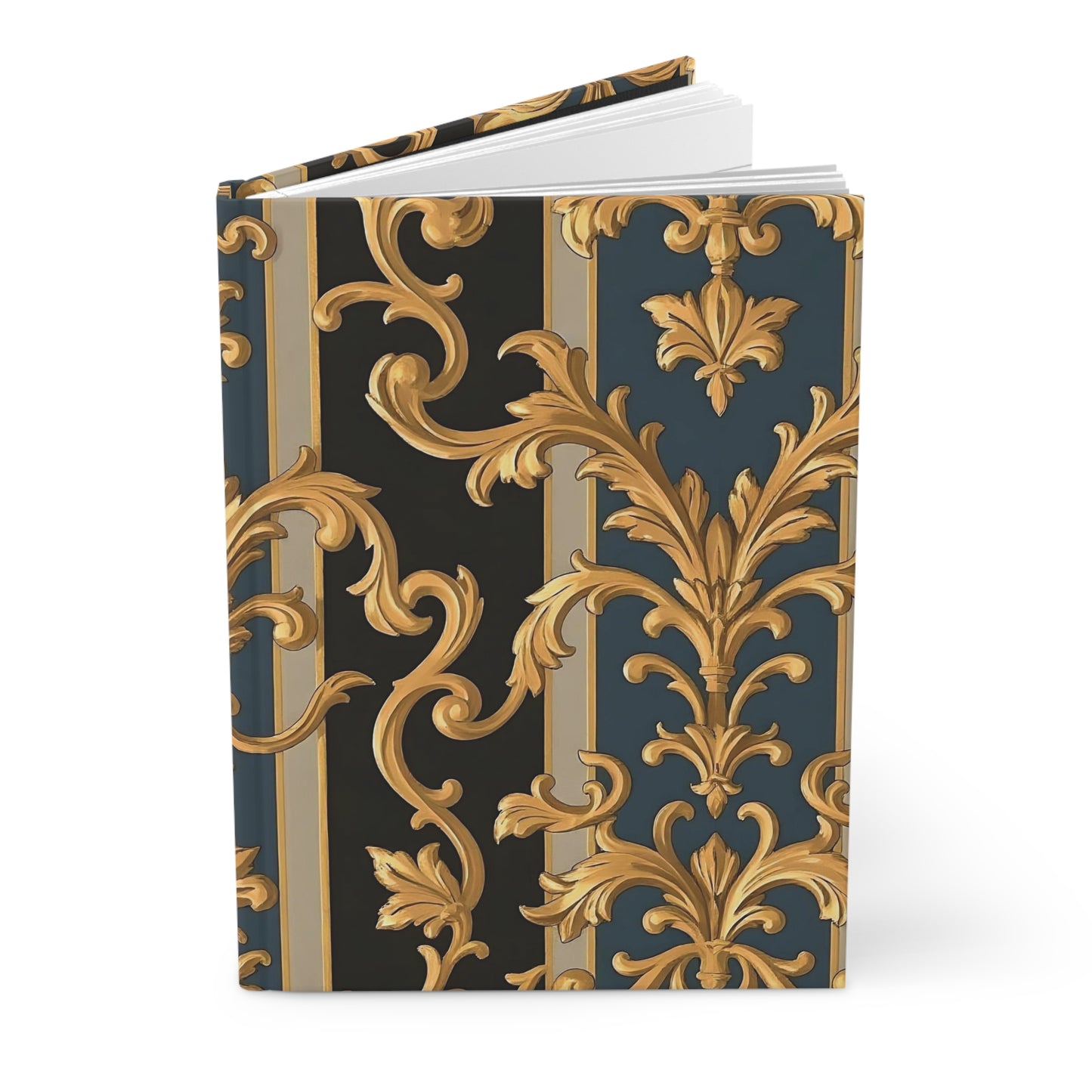 Elegant Gold Floral Hardcover Journal - Premium Notebook, Luxury Diary, Gift for Writers, Art Enthusiasts - Blue & Black Striped Rococo