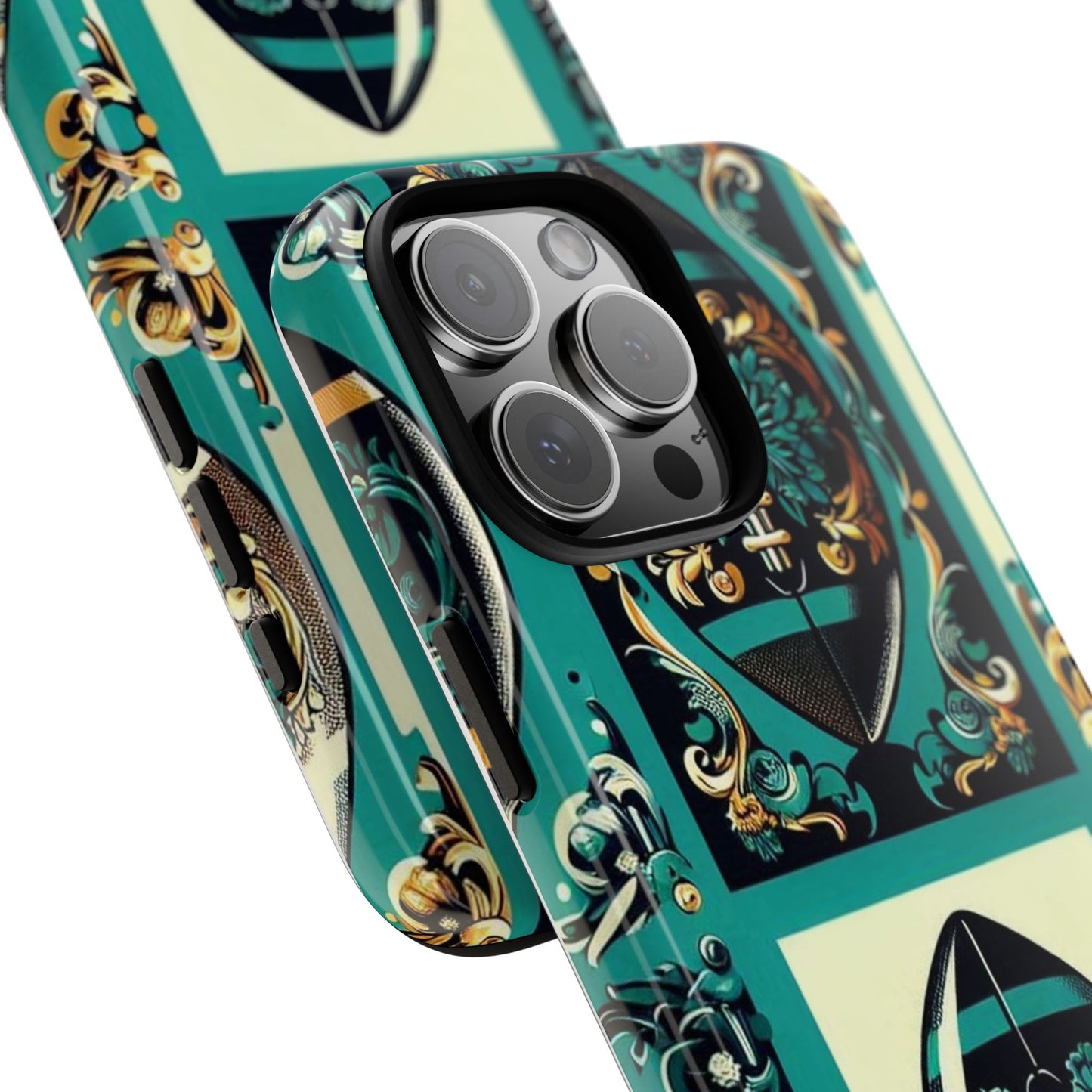 Elegant Floral Motif Phone Case - Tough Cases with Vintage Design -  Damask Teal, Gold & Black Footballs