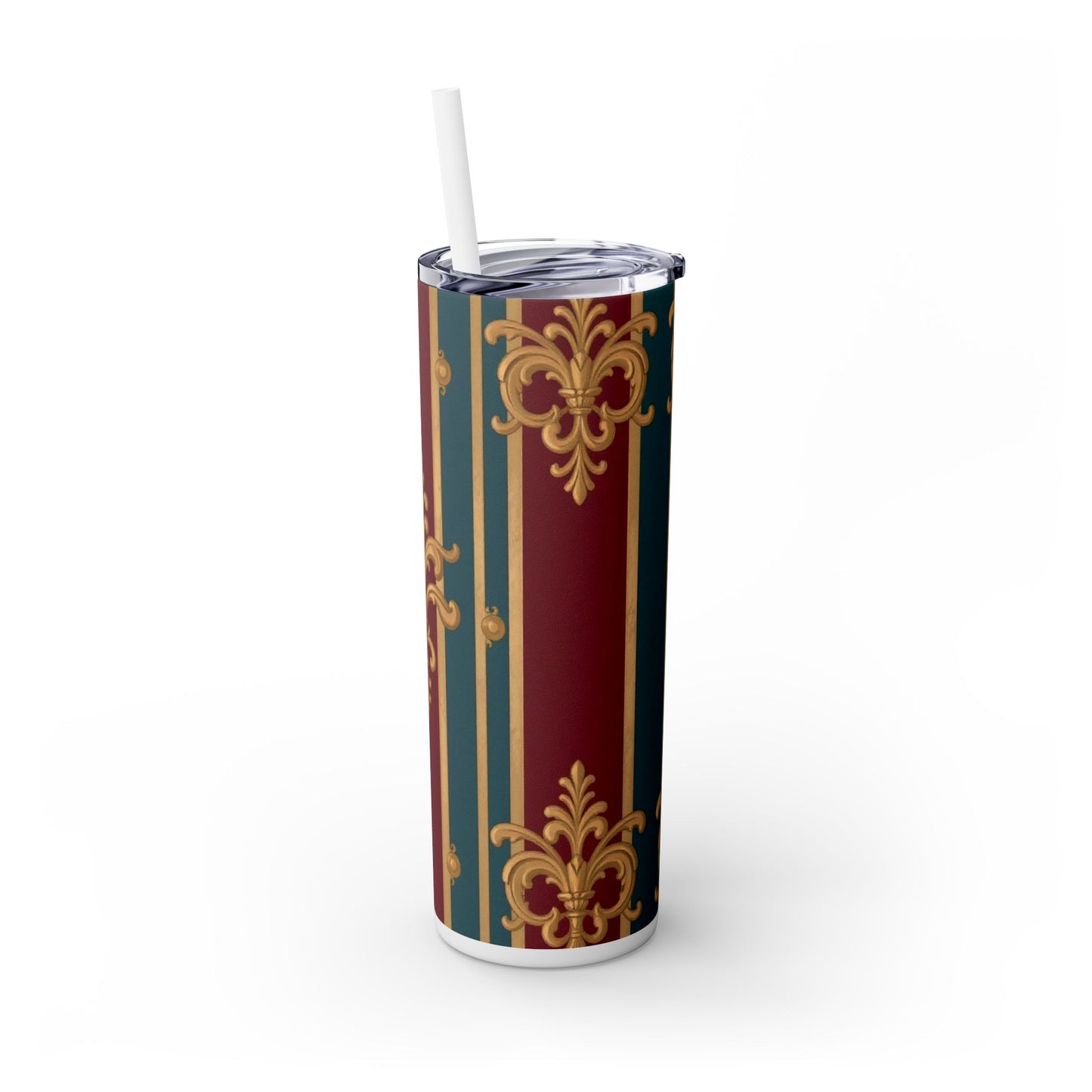 Elegant Vintage Skinny Tumbler with Straw, 20oz | Gold & Burgundy Design | Travel Mug, Gift for Her - Burgundy Striped Gold Baroque