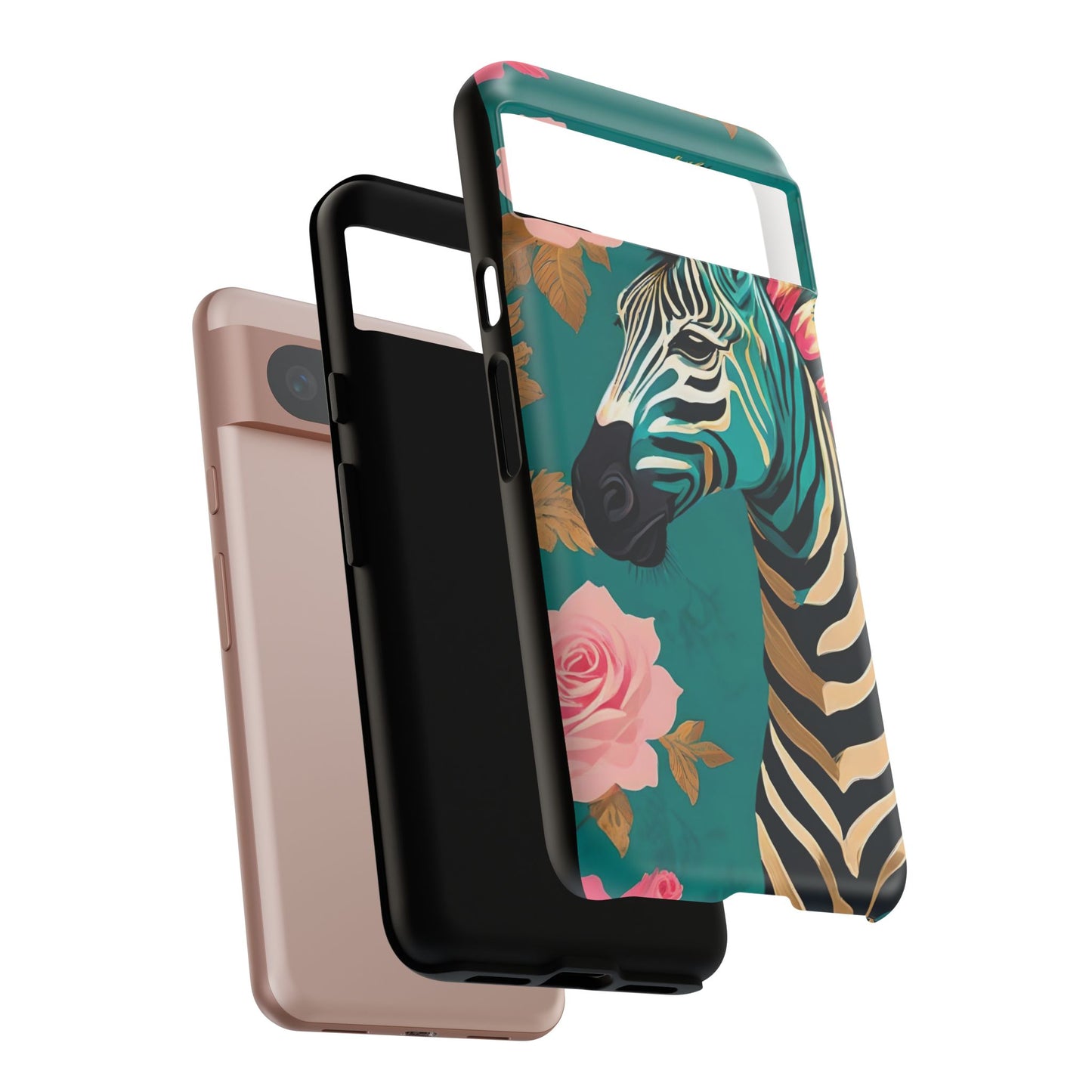 Phone Case - Elegant Teal & Gold Zebra & Roses Design