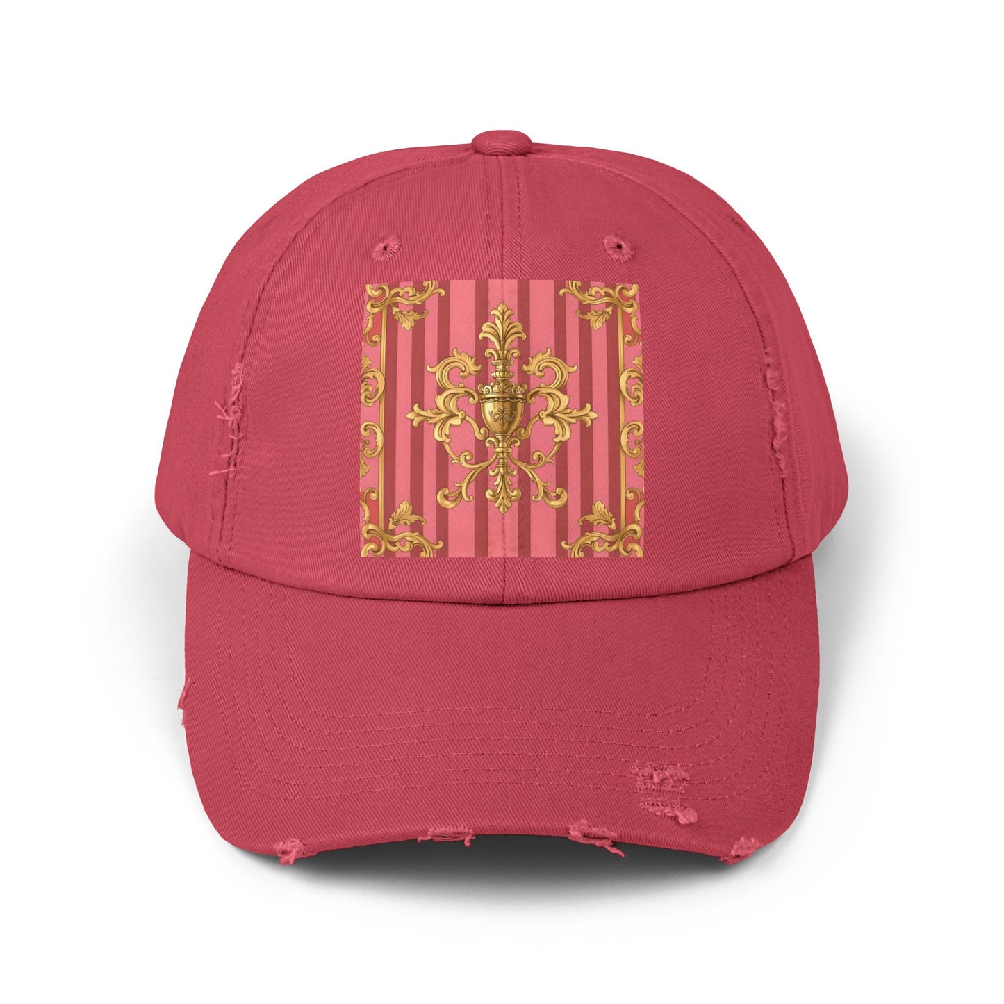 Chic Distressed Unisex Cap - Trendy Accessories for Style Lovers, Everyday Wear, Fashion Statement, Birthday Gift - Pink Striped Gold Baroque