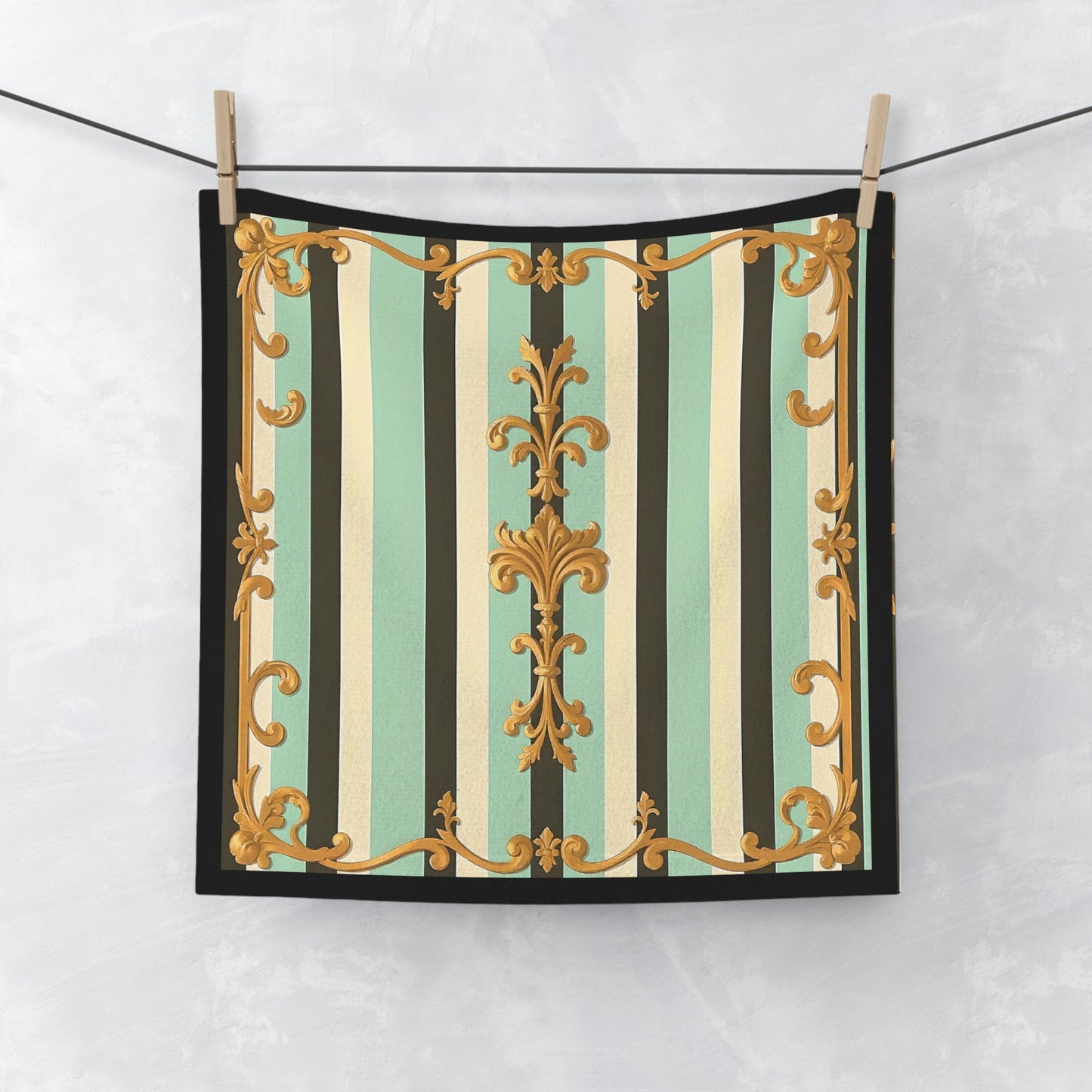 Elegant Decorative Face Towel - Luxurious Bathroom Accessory for Spa, Gift for Her - Black & Matte Mint Striped Rococo