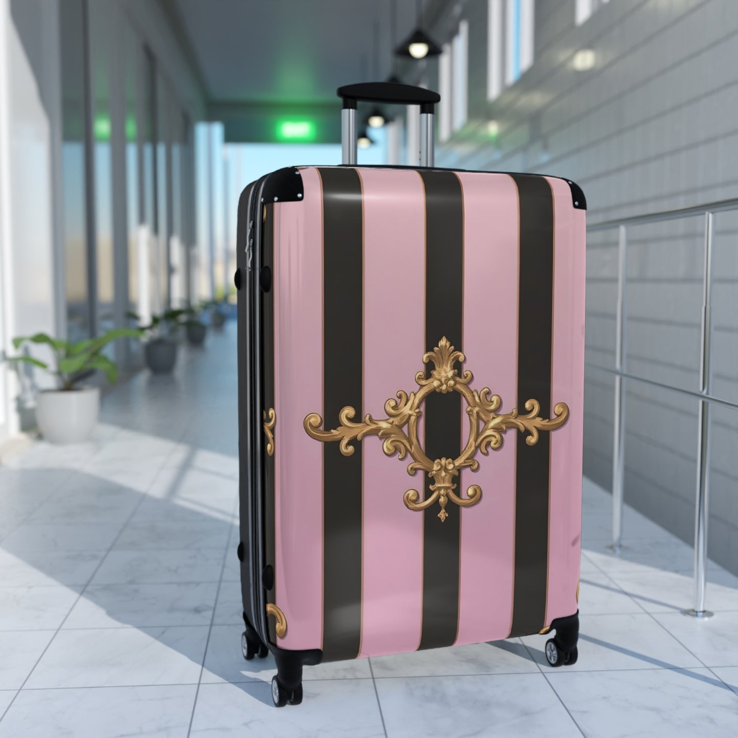 Chic Travel Suitcase with Stripes and Elegant Design, Stylish Luggage, Travel Gear - Matte Lavender & Black Striped Gold Baroque