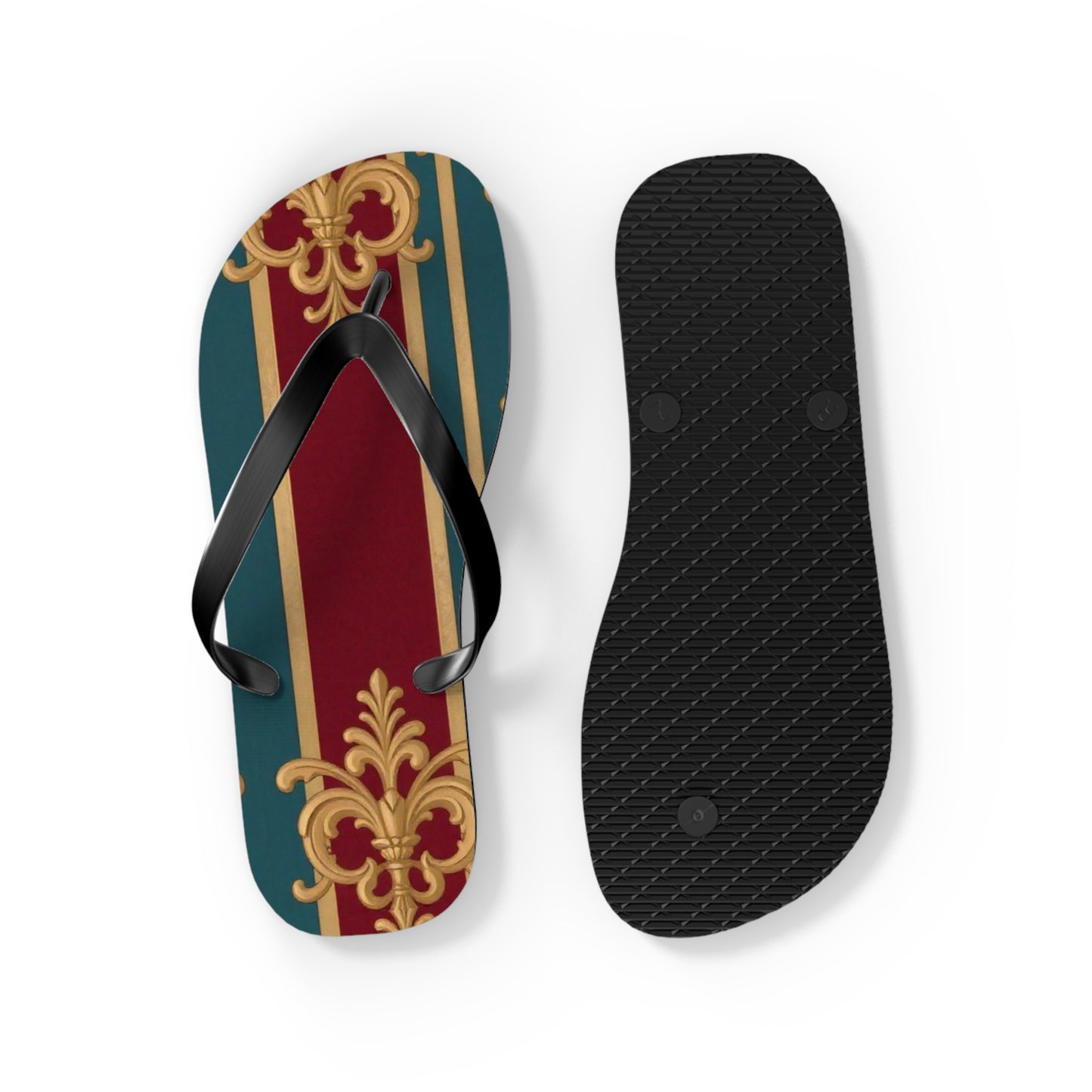 Elegant Floral Pattern Flip Flops, Stylish Beach Footwear, Summer Accessories, Vacation Sandals - Burgundy Striped Gold Baroque