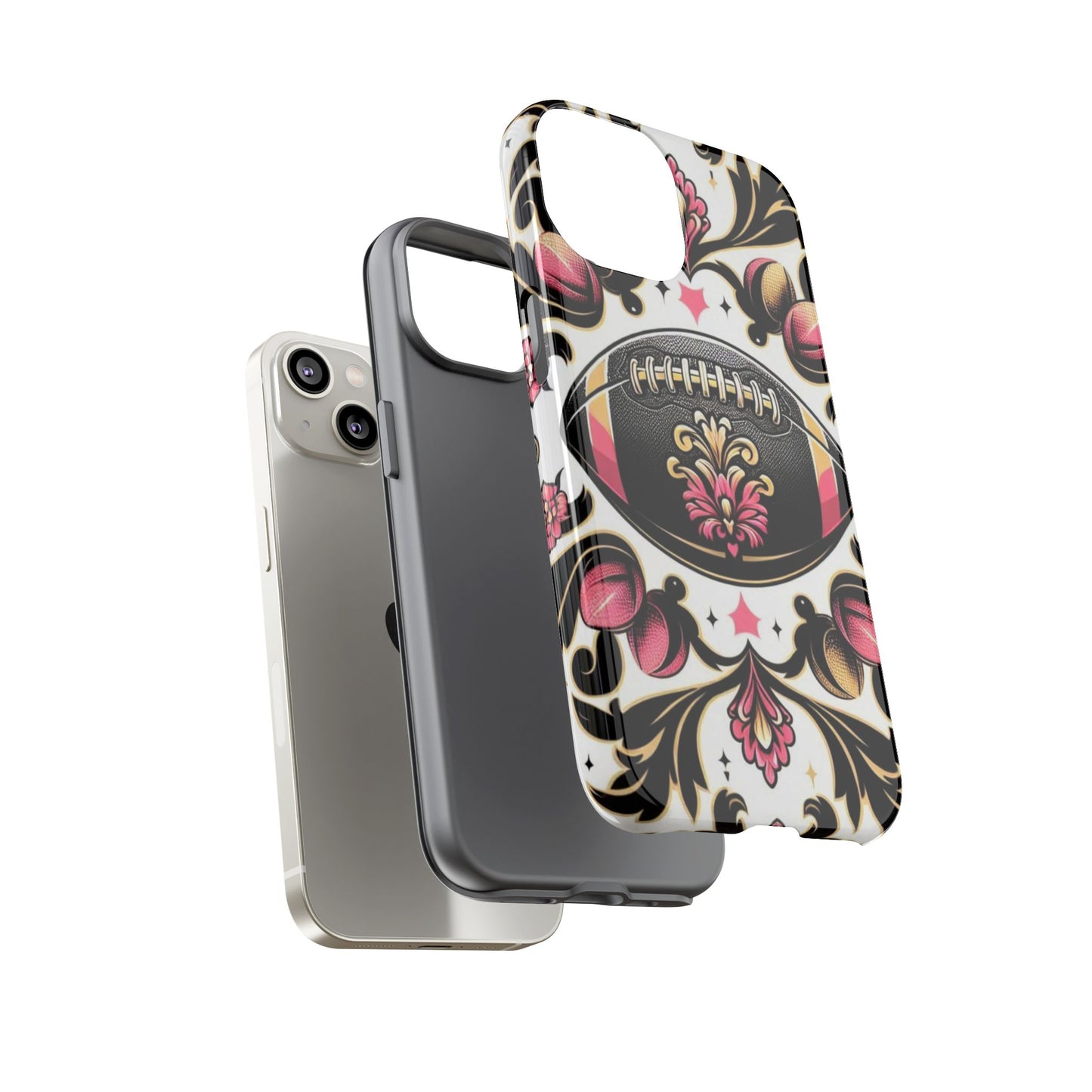 Elegant Floral Motif Phone Case - Tough Cases with Vintage Design - Damask White, Pink Gold & Black Football