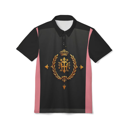 Royal Elegance Unisex Polo Shirt | Stylish Casual Wear, Gift for Him/Her, Summer Outing, Family Gatherings, Fashionable Tops - Pink Striped Gold Crest