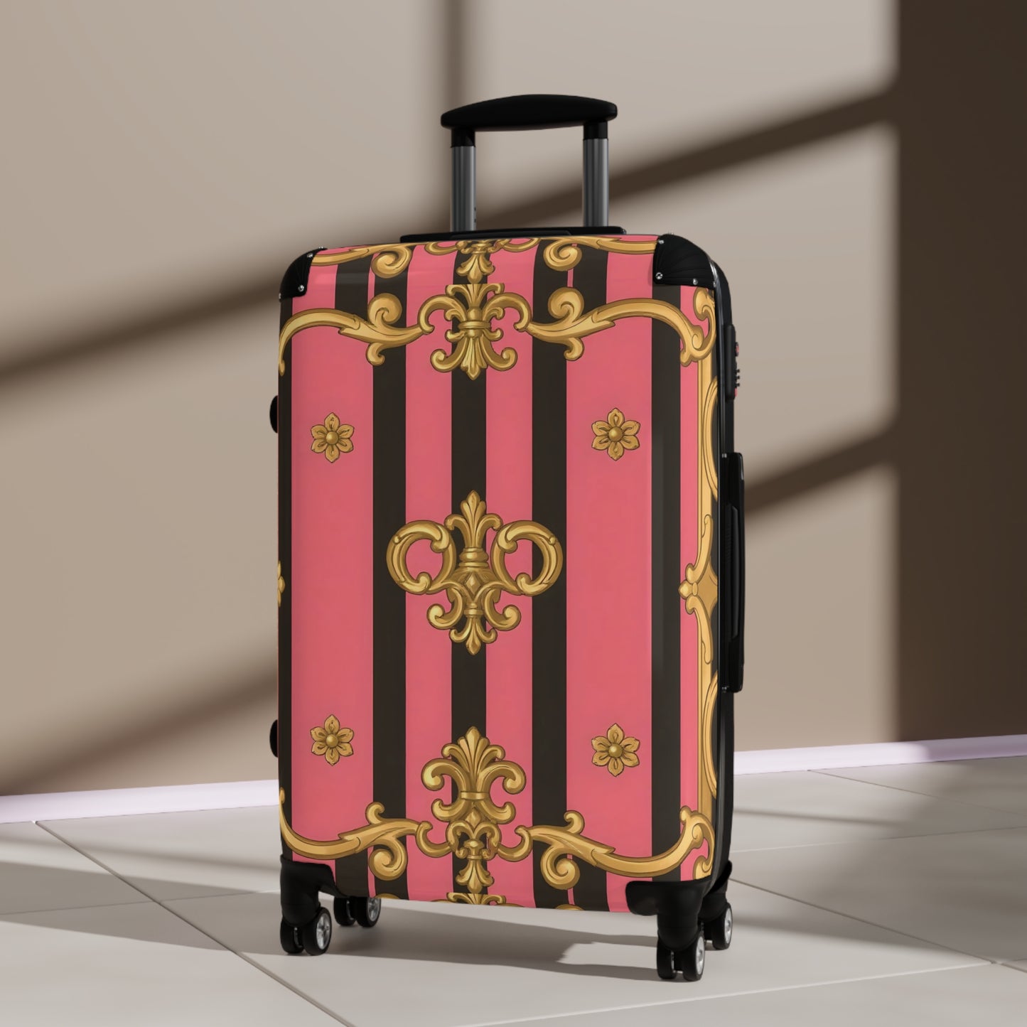 Stylish Pink Striped Suitcase with Gold Accents, Travel Luggage, Vacation Bag - Pink & Black Striped Gold Baroque