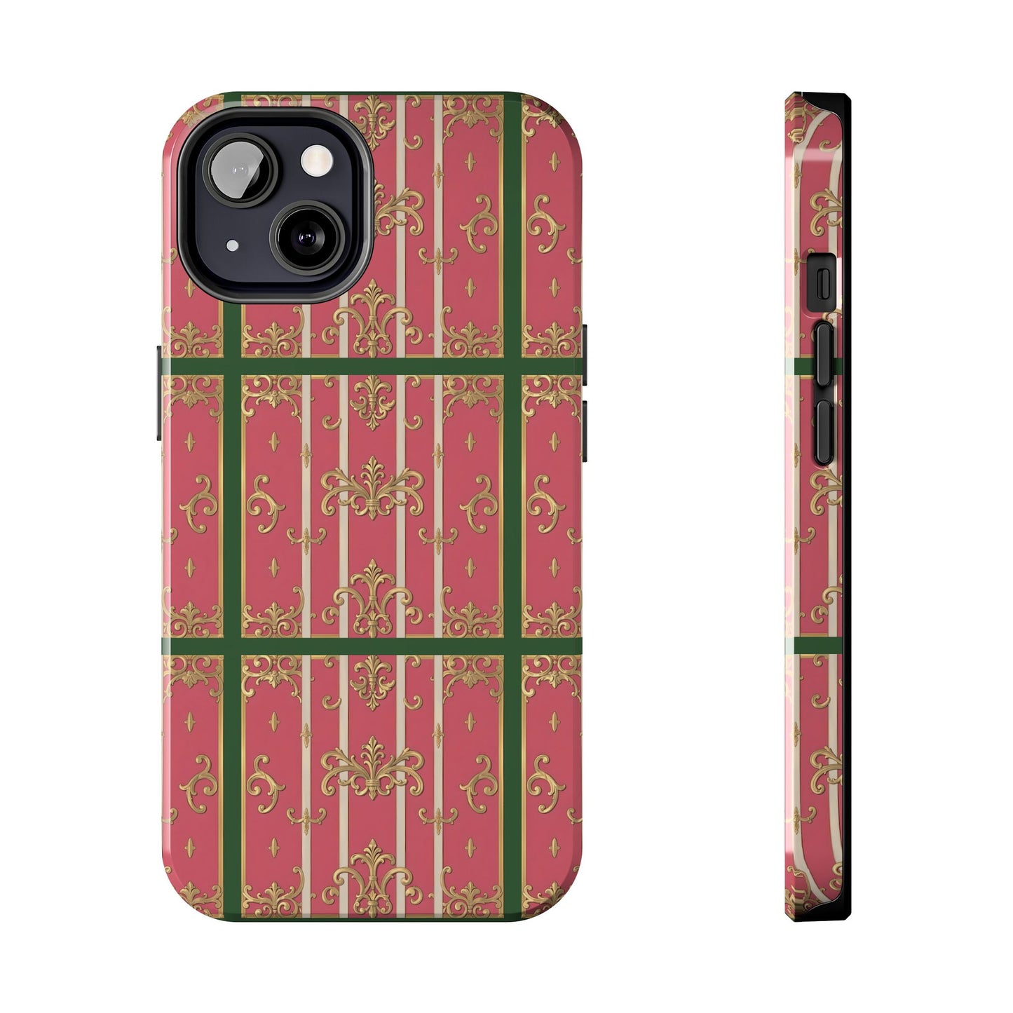 Elegant Green Border Pink Striped Baroque Phone Cases, Tough Phone Cases for Protection, Stylish Mobile Accessories, Gift for Her, Holiday Tech Gifts