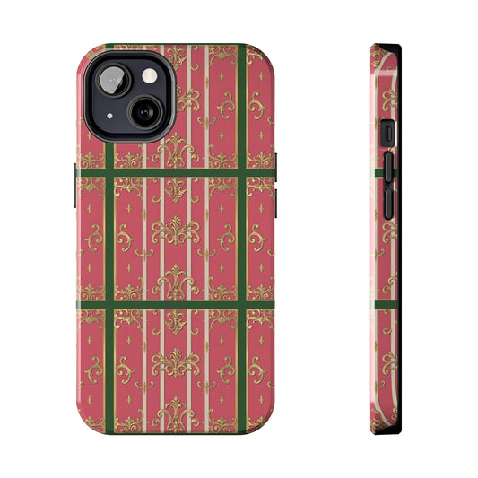 Elegant Green Border Pink Striped Baroque Phone Cases, Tough Phone Cases for Protection, Stylish Mobile Accessories, Gift for Her, Holiday Tech Gifts