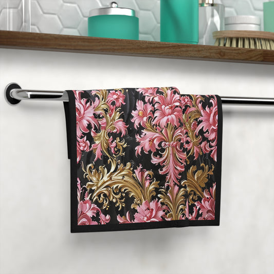 Elegant Floral Face Towel - Luxurious Spa Gift, Beauty Routine Essential, Home Decor, Stylish Hand Towels - Black & Pink Oil Painting Style Rococo