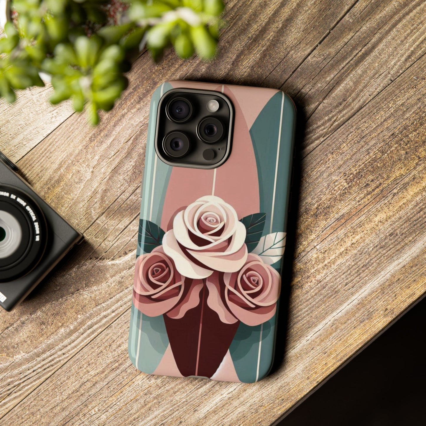 Phone Case - Burgundy, Matte Mauve & Teal Surfboard & Roses Design