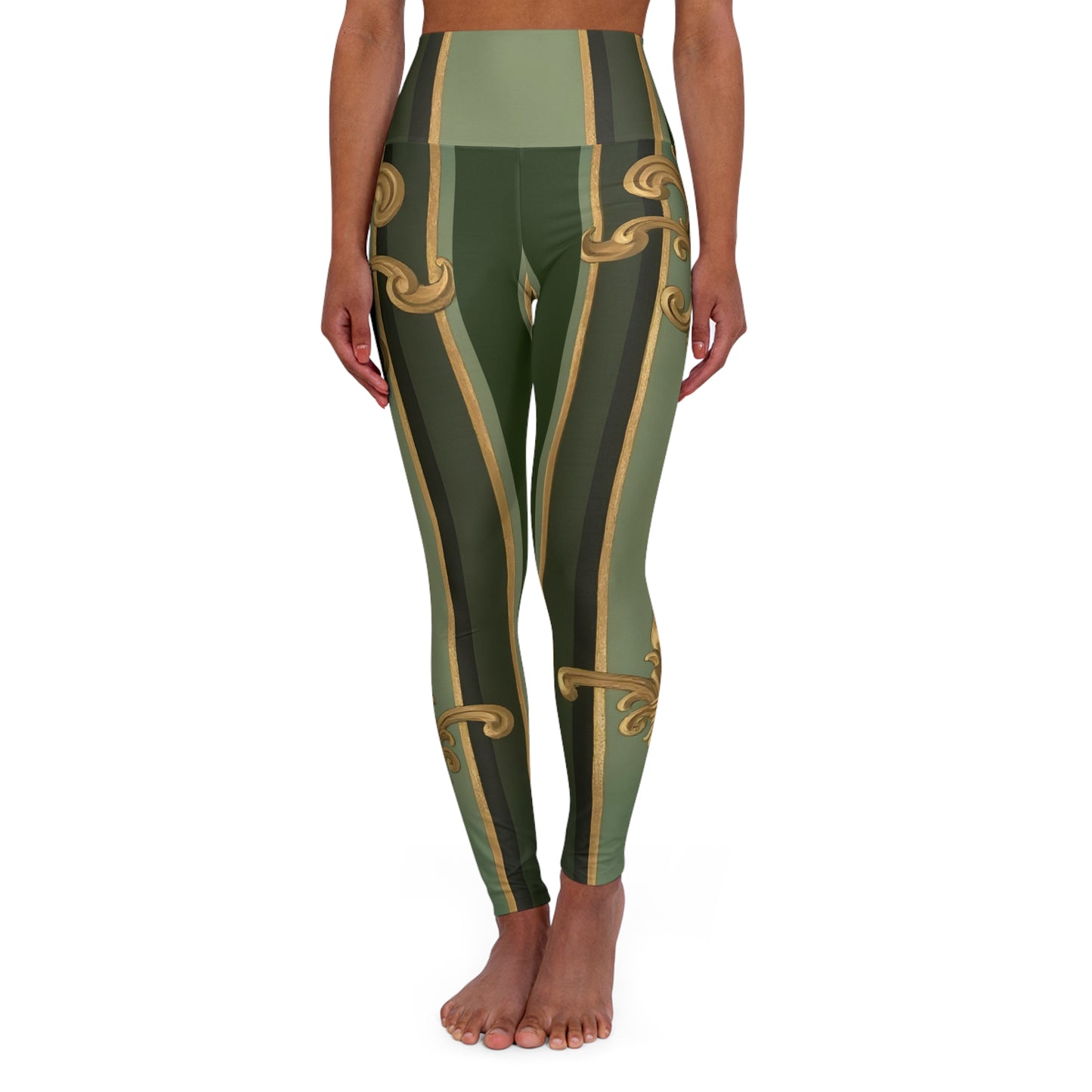 Stylish High Waisted Yoga Leggings, Comfortable Activewear, Fitness, Gym, Casual Wear, Unique Design, Perfect Gift - Green Striped Gold Baroque