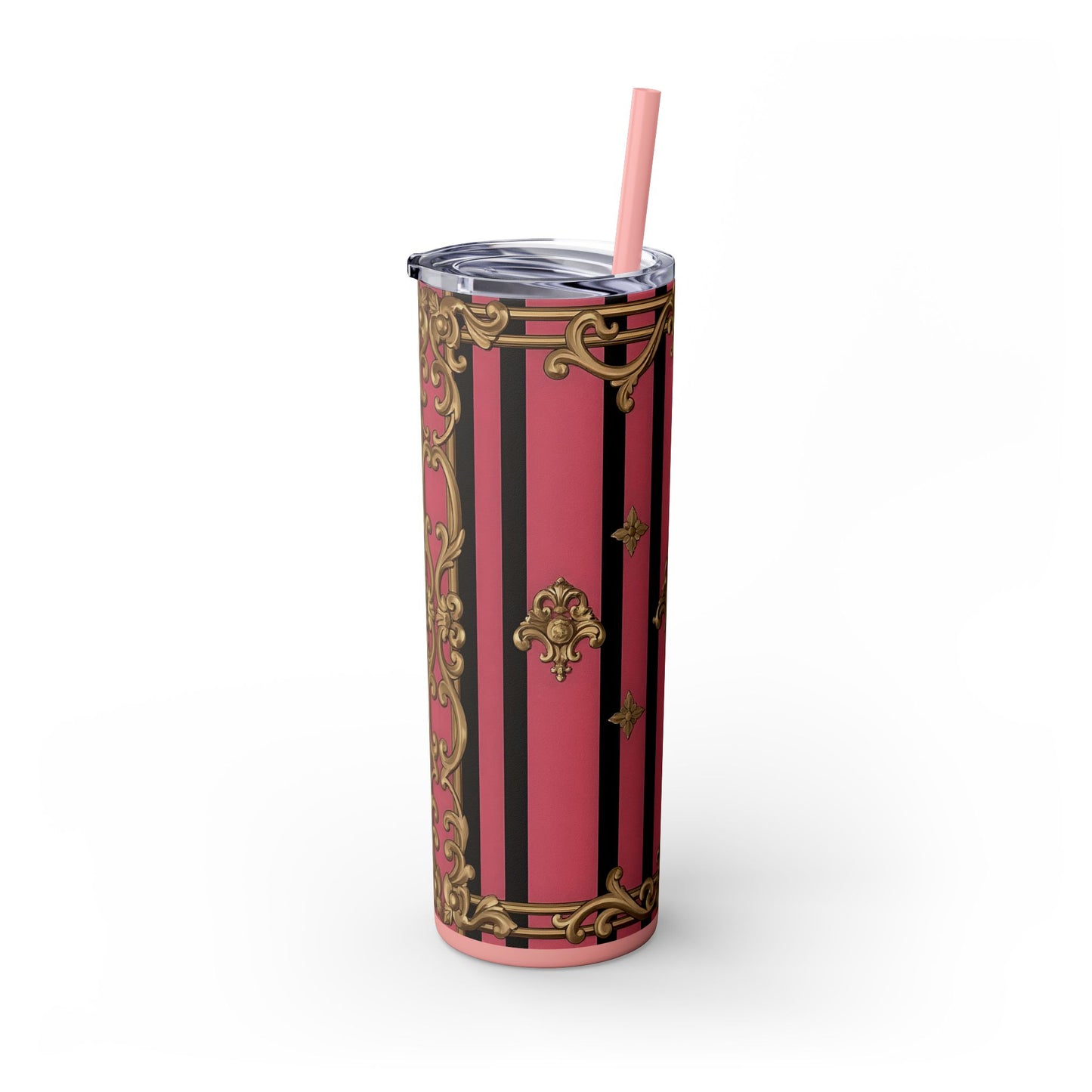 Elegant Pink Striped Skinny Tumbler with Straw, 20oz, Stylish Drinkware, Custom Gift Idea, Travel Mug, Wedding Gift - Pink Striped Gold Rococo