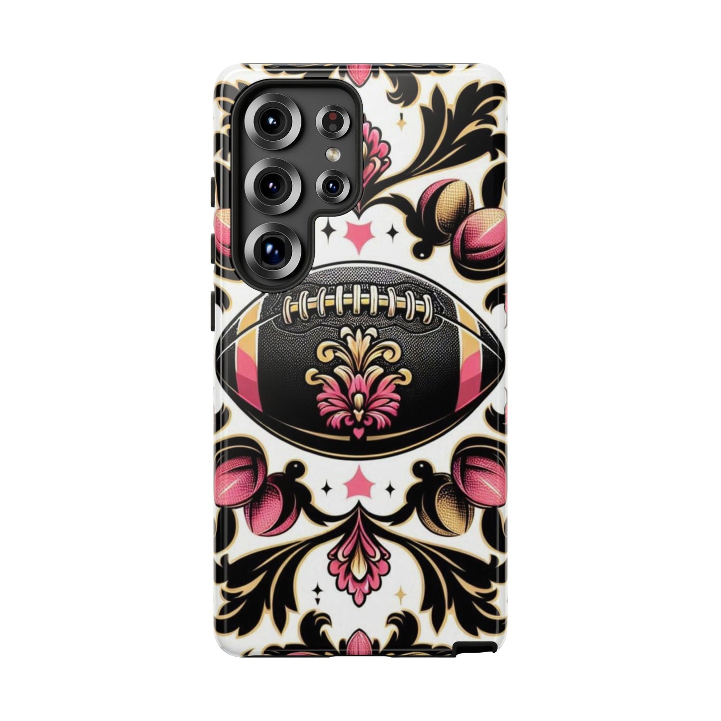 Elegant Floral Motif Phone Case - Tough Cases with Vintage Design - Damask White, Pink Gold & Black Football