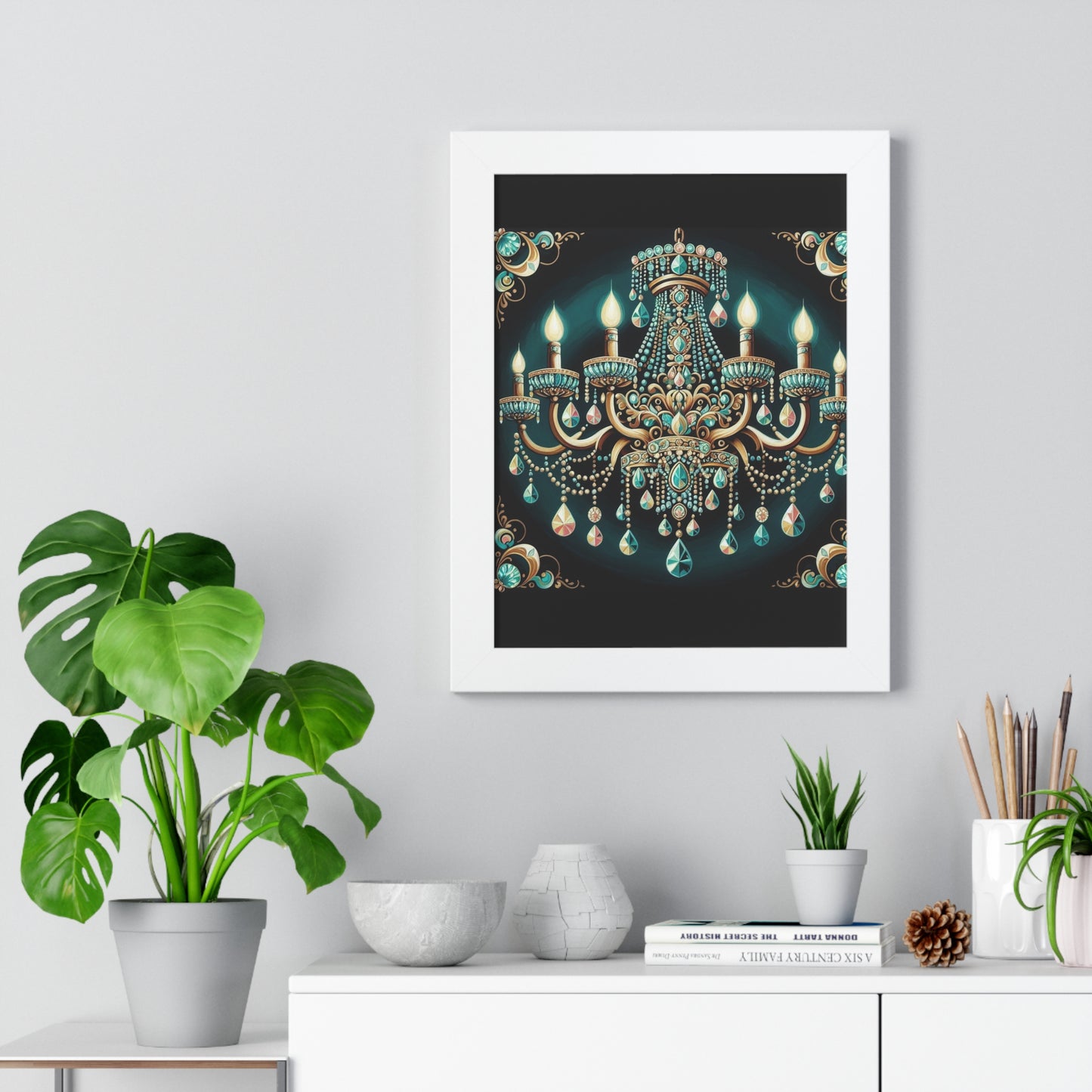 Elegant Chandelier Art Print, Framed Vertical Poster, Home Decor, Wall Art, Gift for Her, Luxury Interior Decoration - Teal Jeweled Chandelier