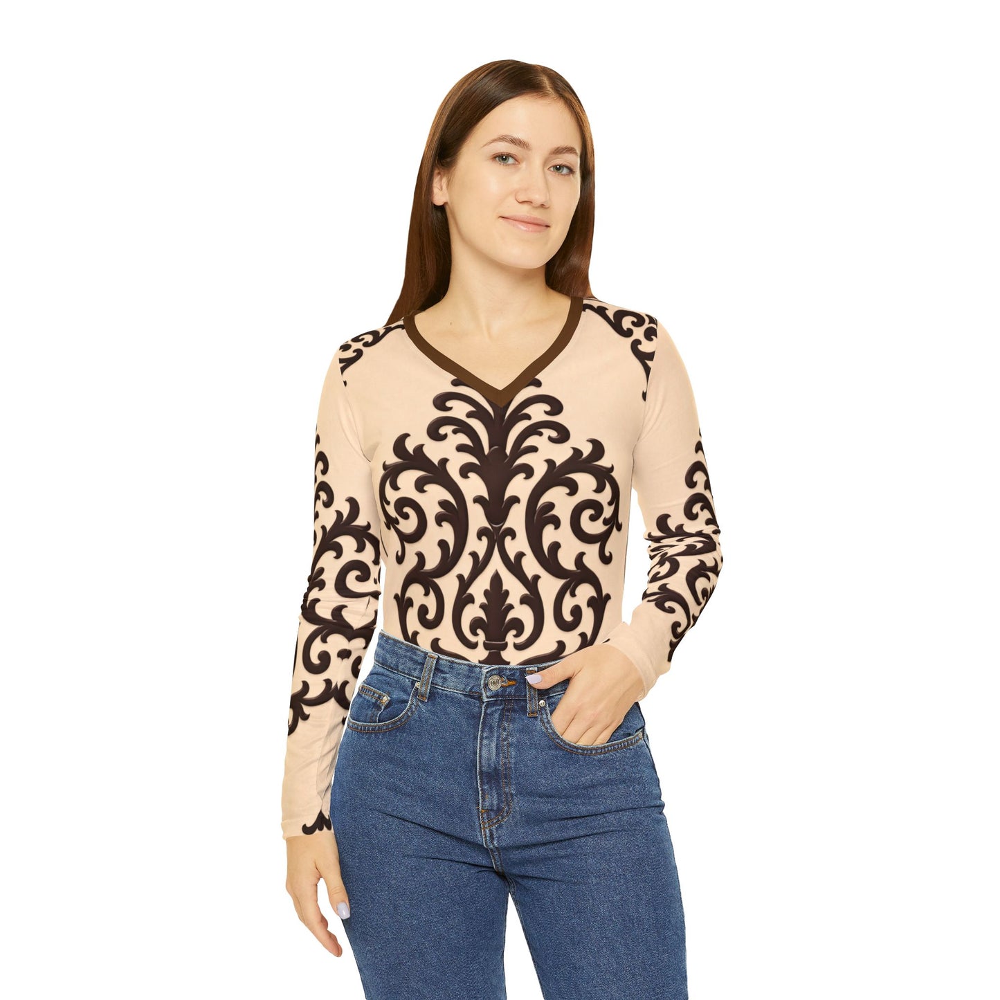 Almond-Beige & Brown Baroque V-Neck Long Sleeve Shirt — Elegant Baroque Pattern
