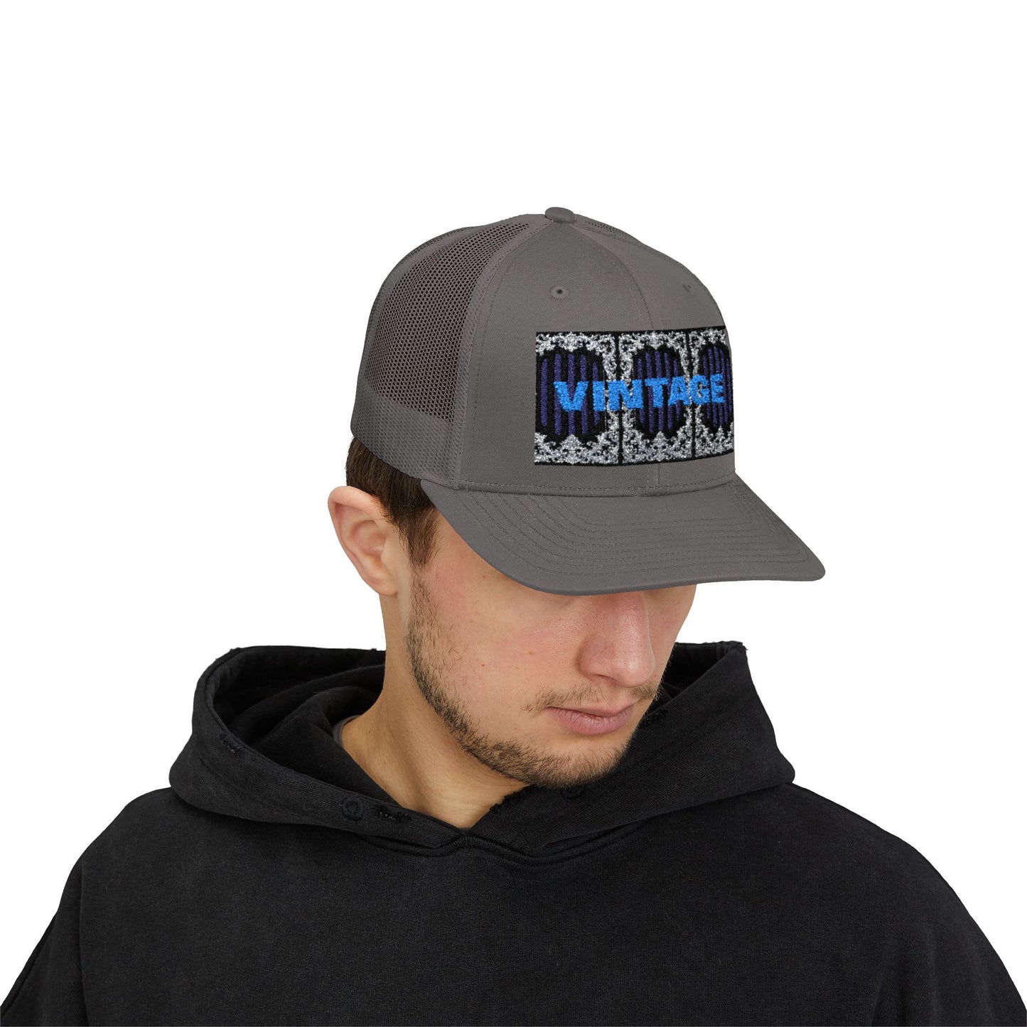 Vintage Navy Stripes & Baroque Trucker Cap — Retro 'VINTAGE' Embroidered Snapback