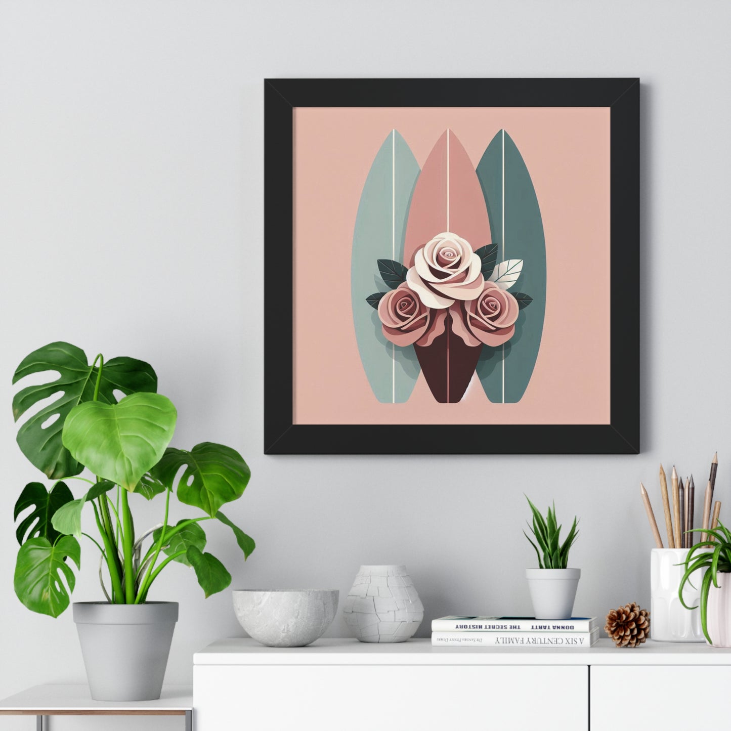 Vertical Poster - Burgundy, Matte Mauve & Teal Surfboard & Roses Wall Art