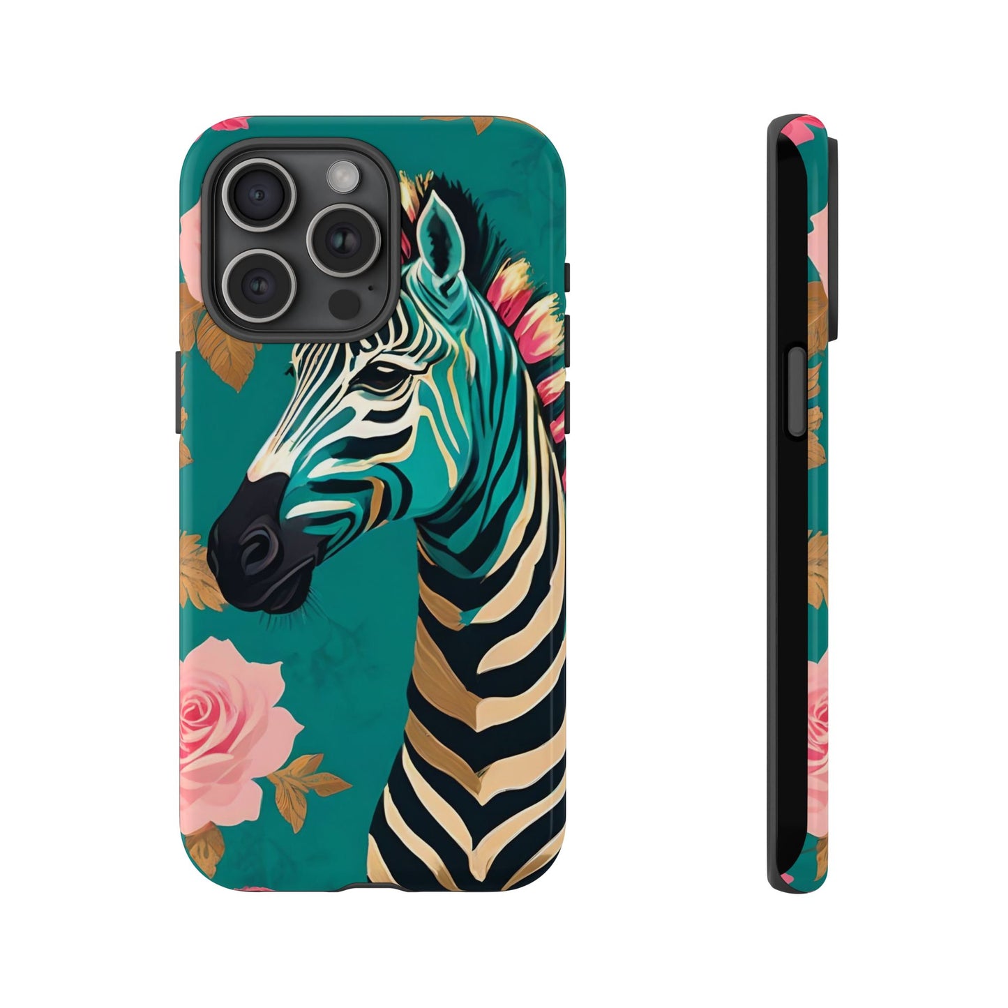 Phone Case - Elegant Teal & Gold Zebra & Roses Design