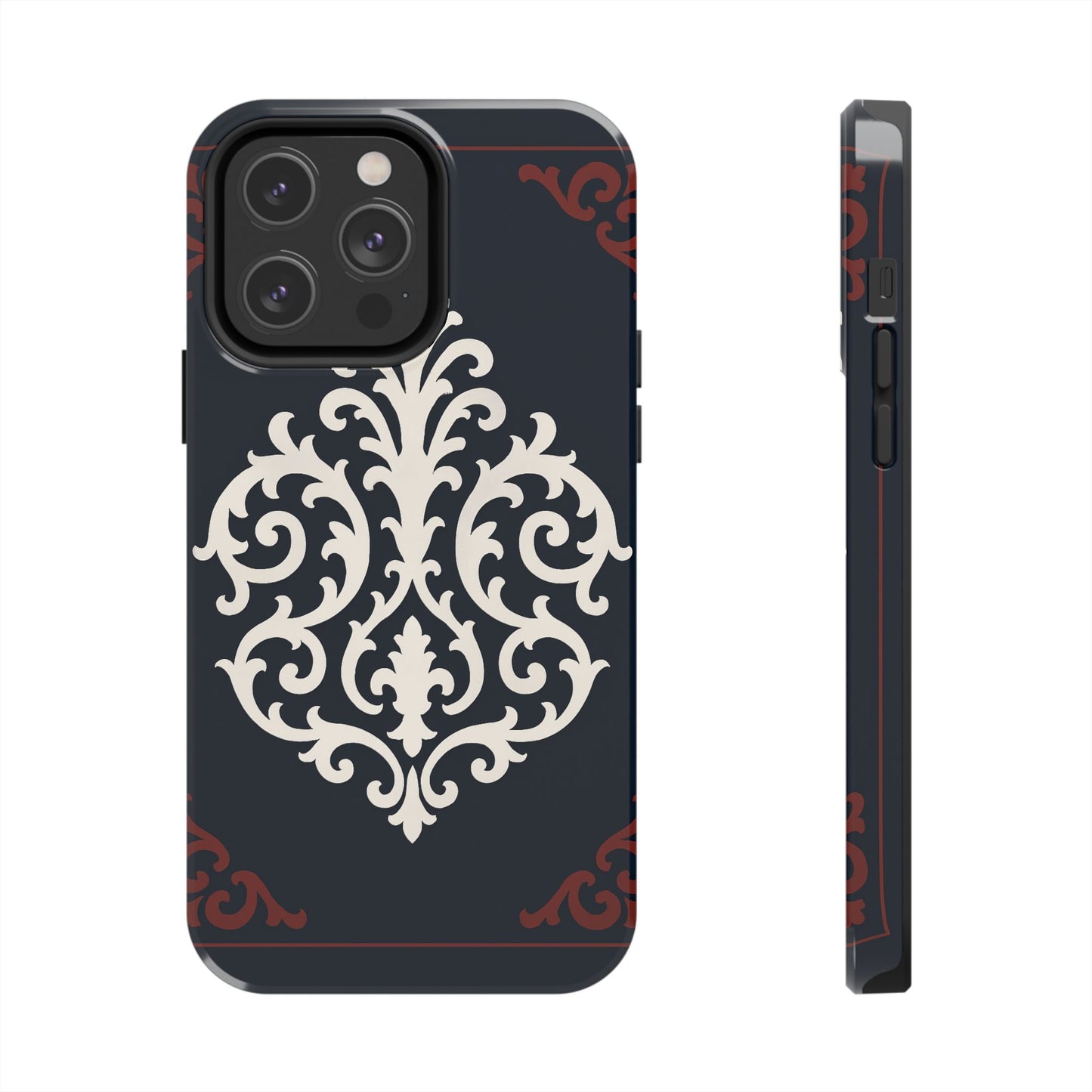 Dusk Blue-Maroon & White Baroque Tough Phone Case — Vintage Scroll Design