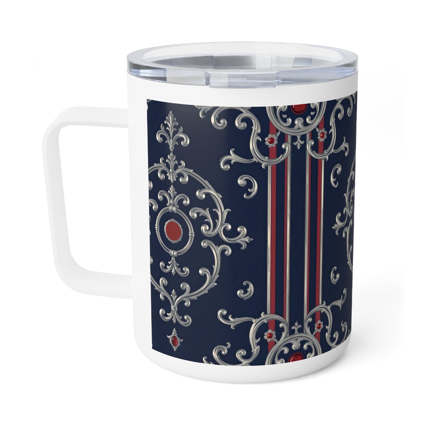 Elegant Insulated Coffee Mug - 10oz, Decorative Travel Tumbler, Stylish Drinkware, Gift for Coffee Lovers - Blue & Red Striped Silver Baroque