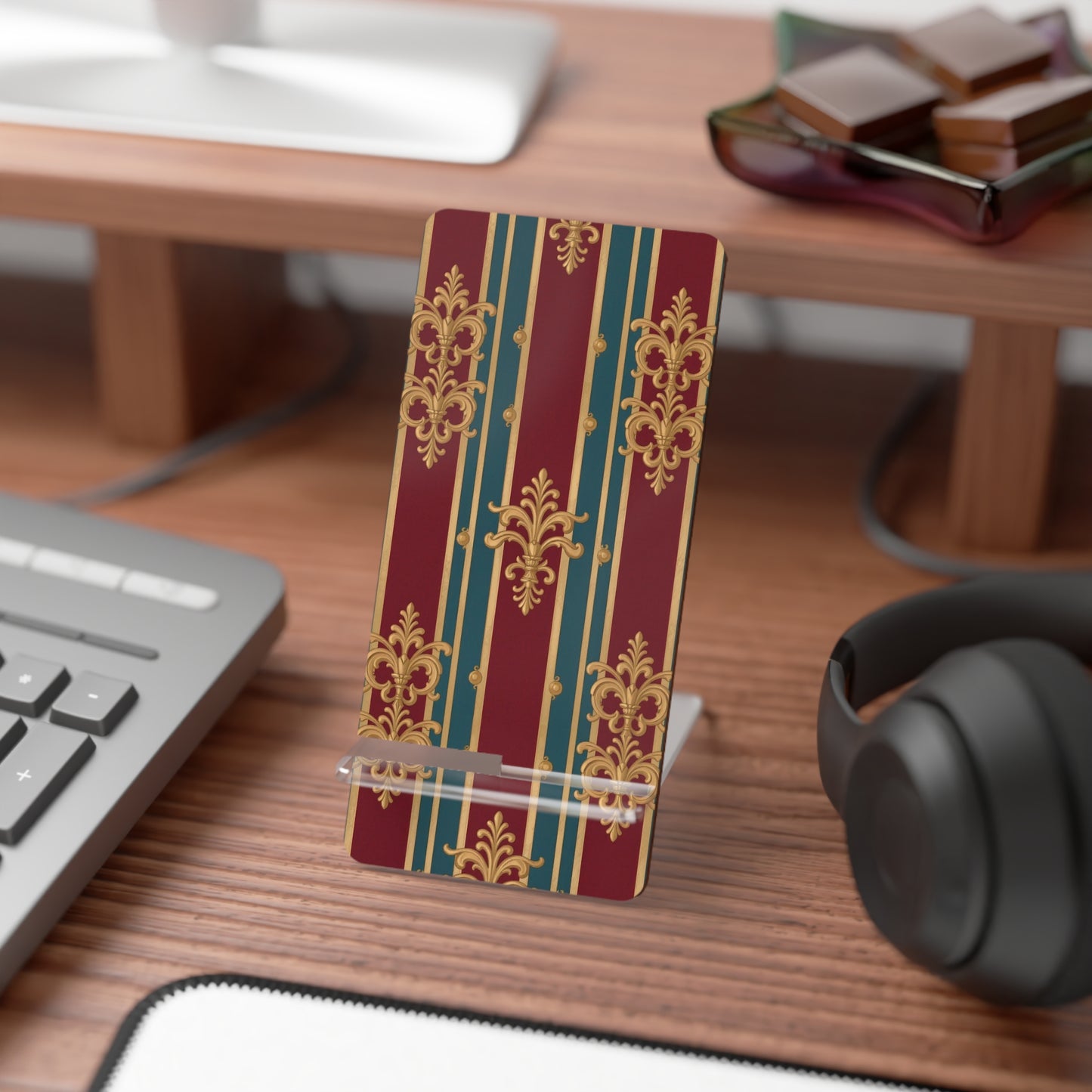 Elegant Smartphone Display Stand, Decorative Phone Holder, Unique Home Office Accessory - Burgundy Striped Gold Baroque