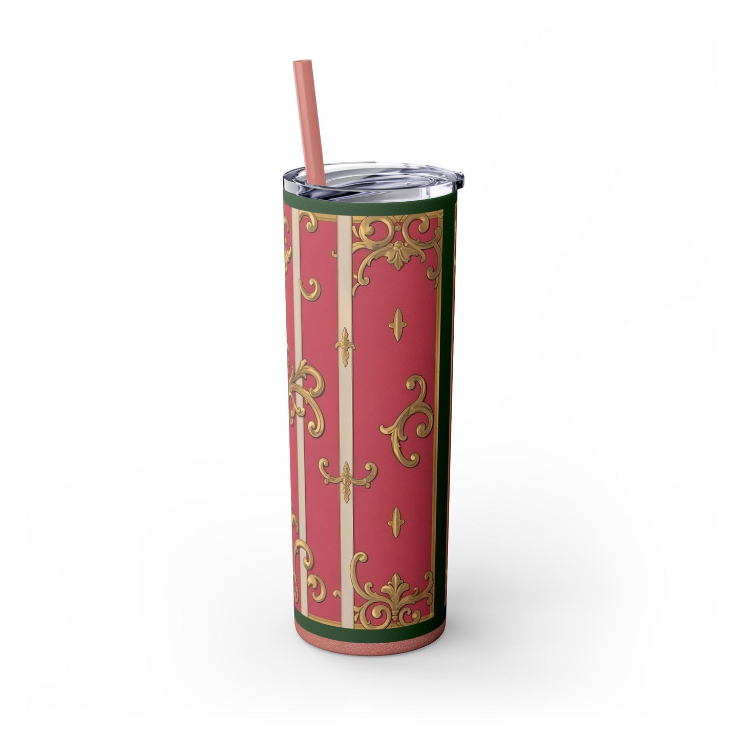 Elegant Green Border Pink Striped Baroque Skinny Tumbler with Straw, Reusable Travel Mug, Gift for Her, Fashionable Drinkware